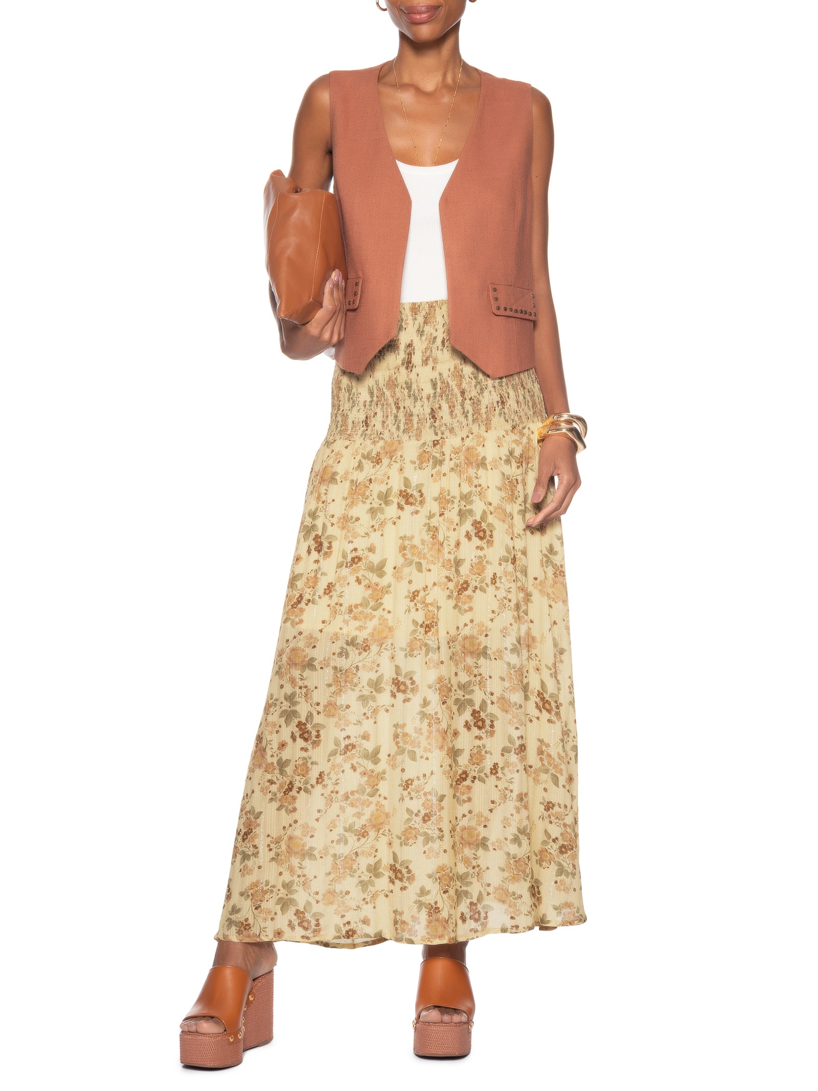 Saia Midi Pala Lastex Estampa Blush Bege Maria Filó