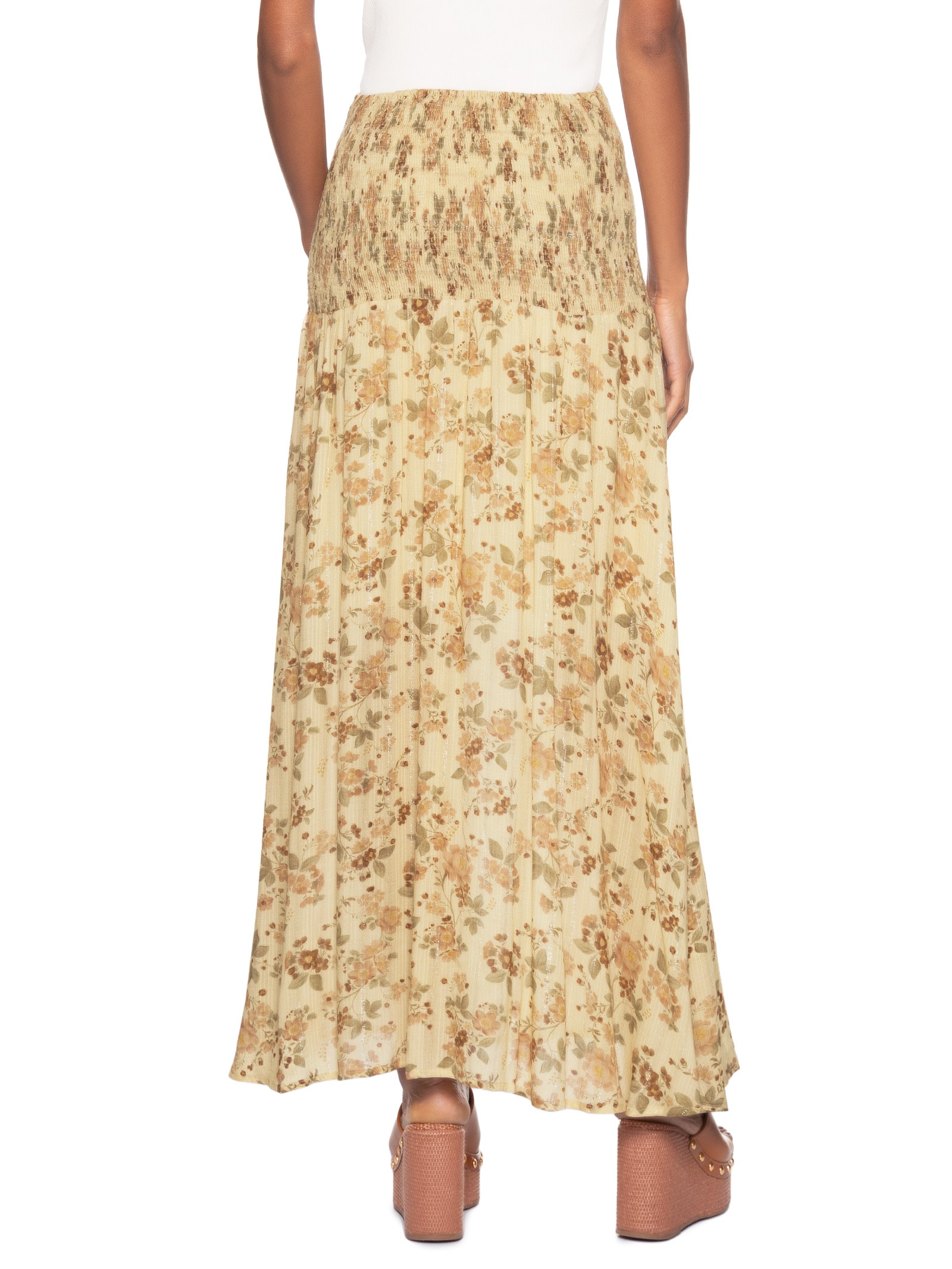 Saia Midi Pala Lastex Estampa Blush Bege Maria Filó