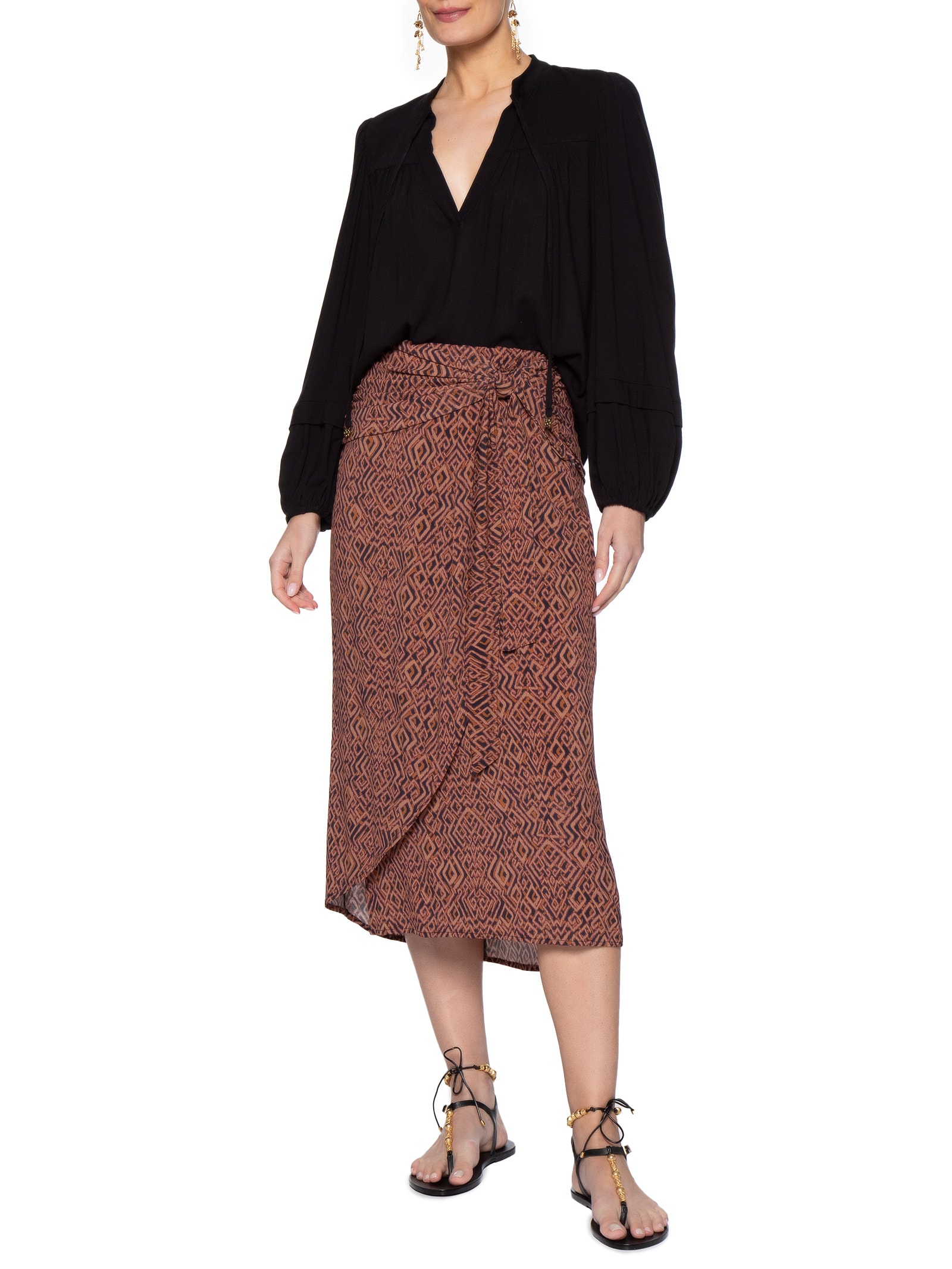 Saia Midi Pareô Estampada Marrom Maria Filó