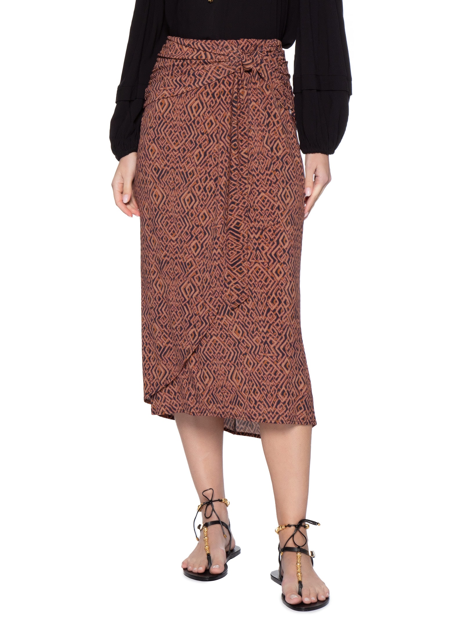 Saia Midi Pareô Estampada Marrom Maria Filó