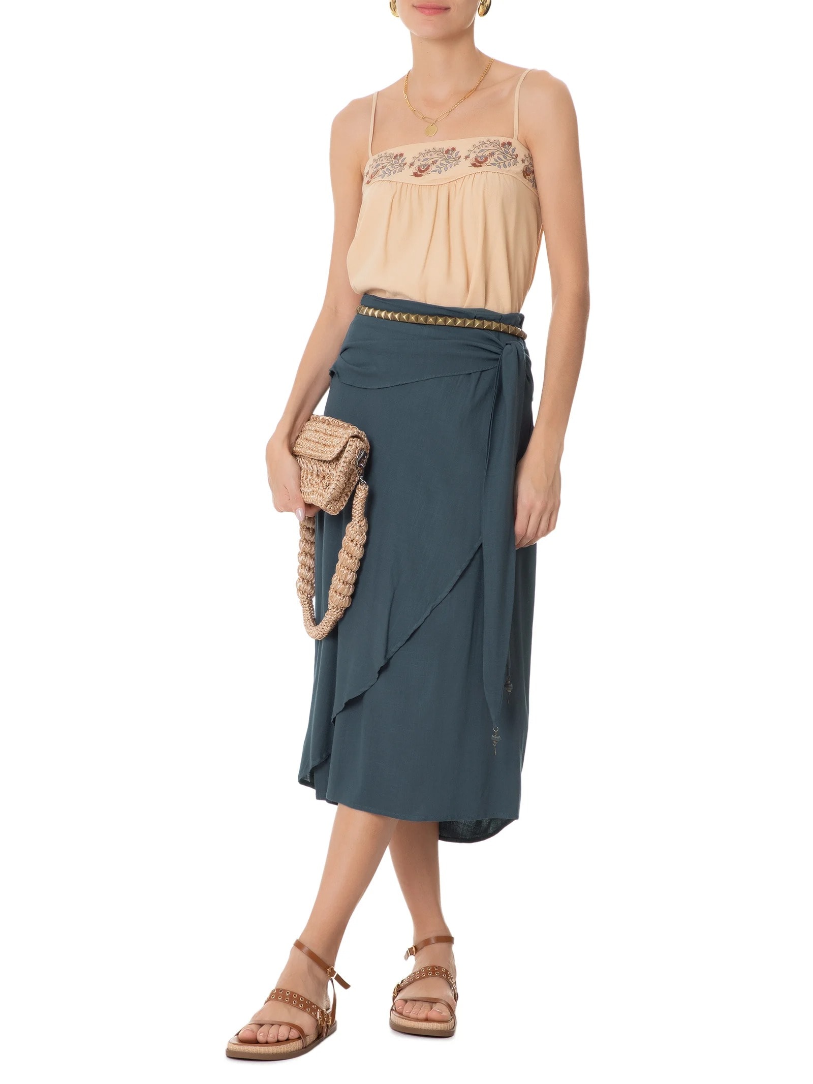 Saia Midi Pareo Faixa Maria Filó Azul