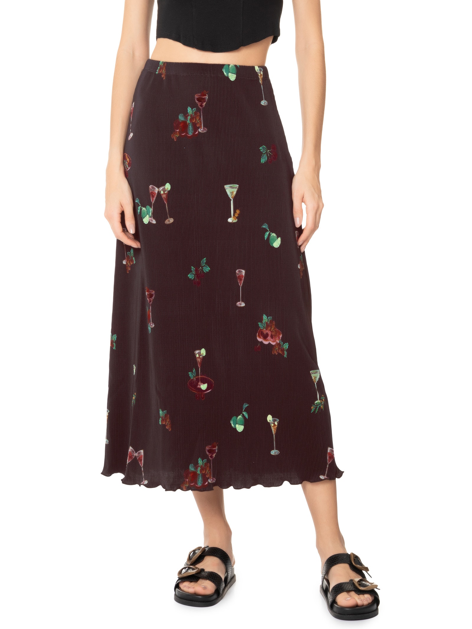 Saia Midi Plissada Coquetel Tropical Marrom Farm