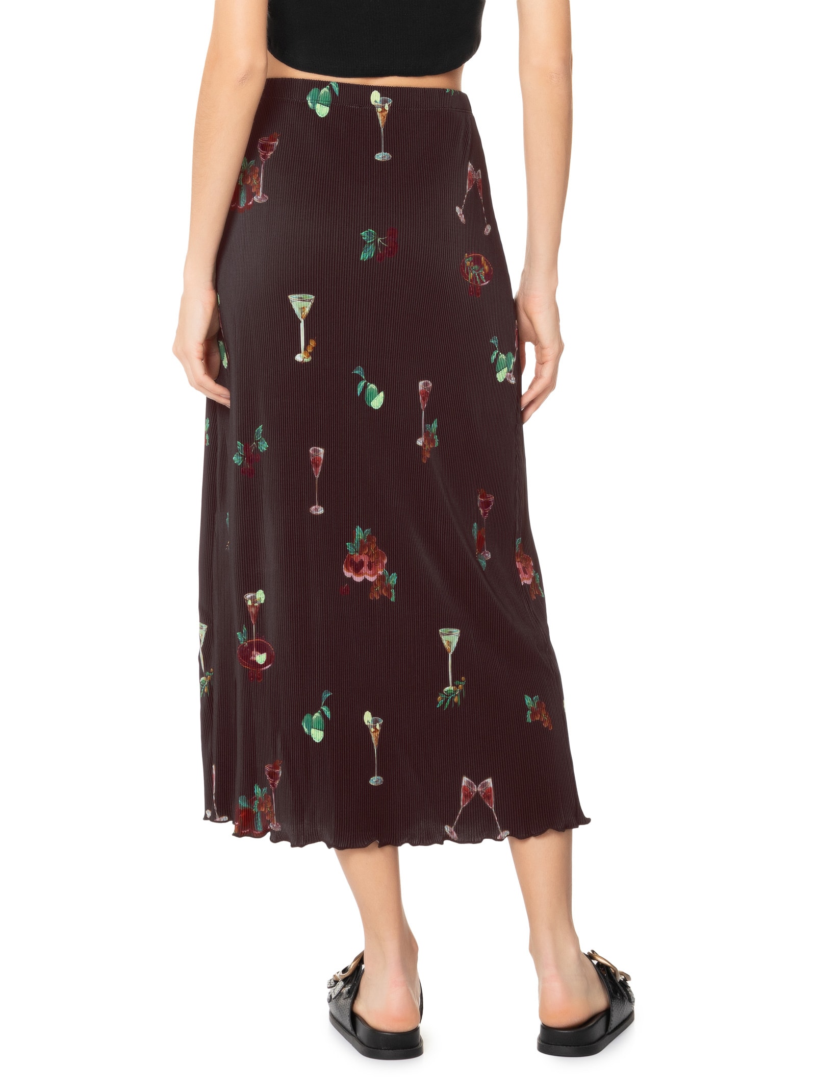 Saia Midi Plissada Coquetel Tropical Marrom Farm