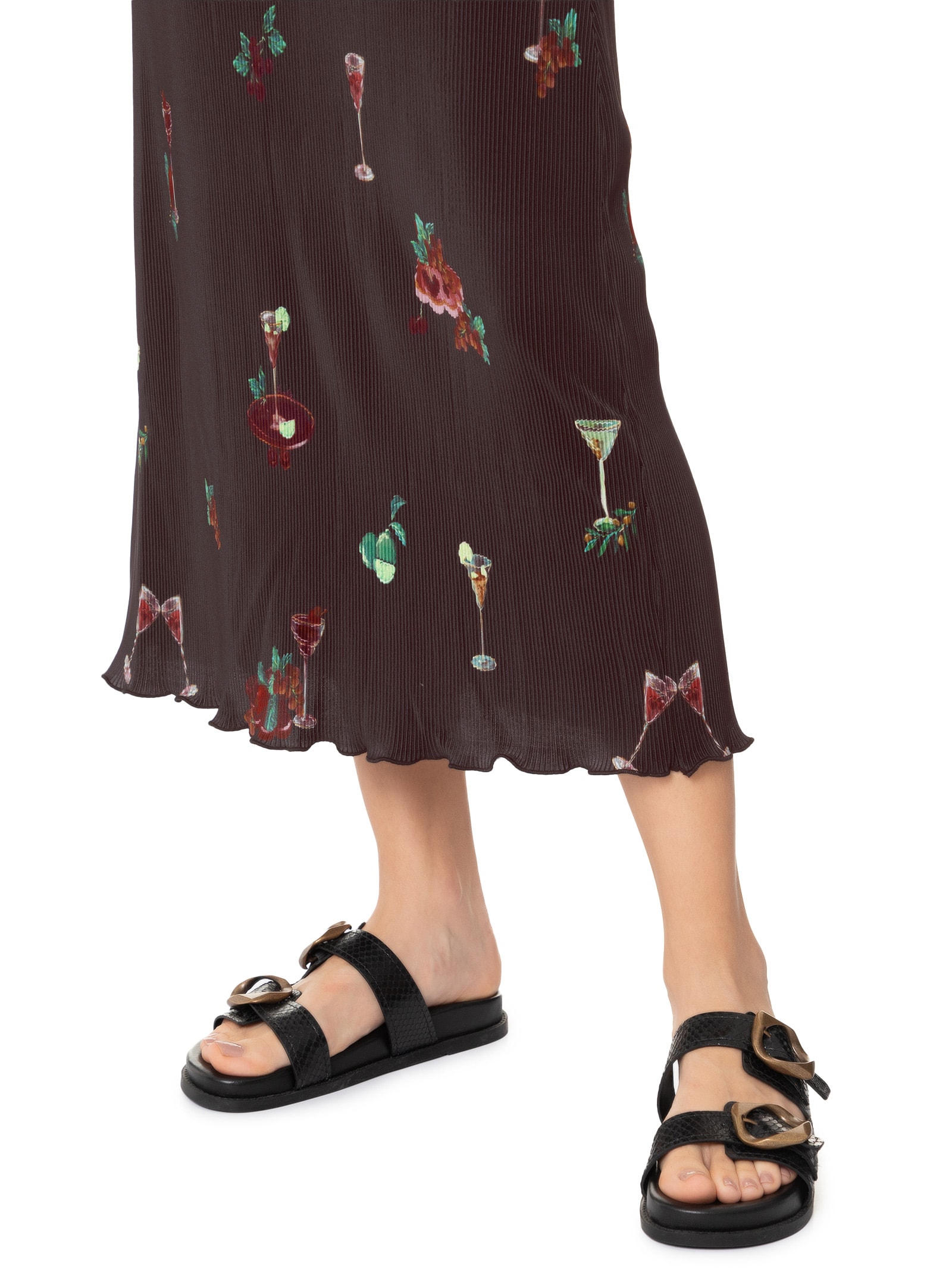 Saia Midi Plissada Coquetel Tropical Marrom Farm