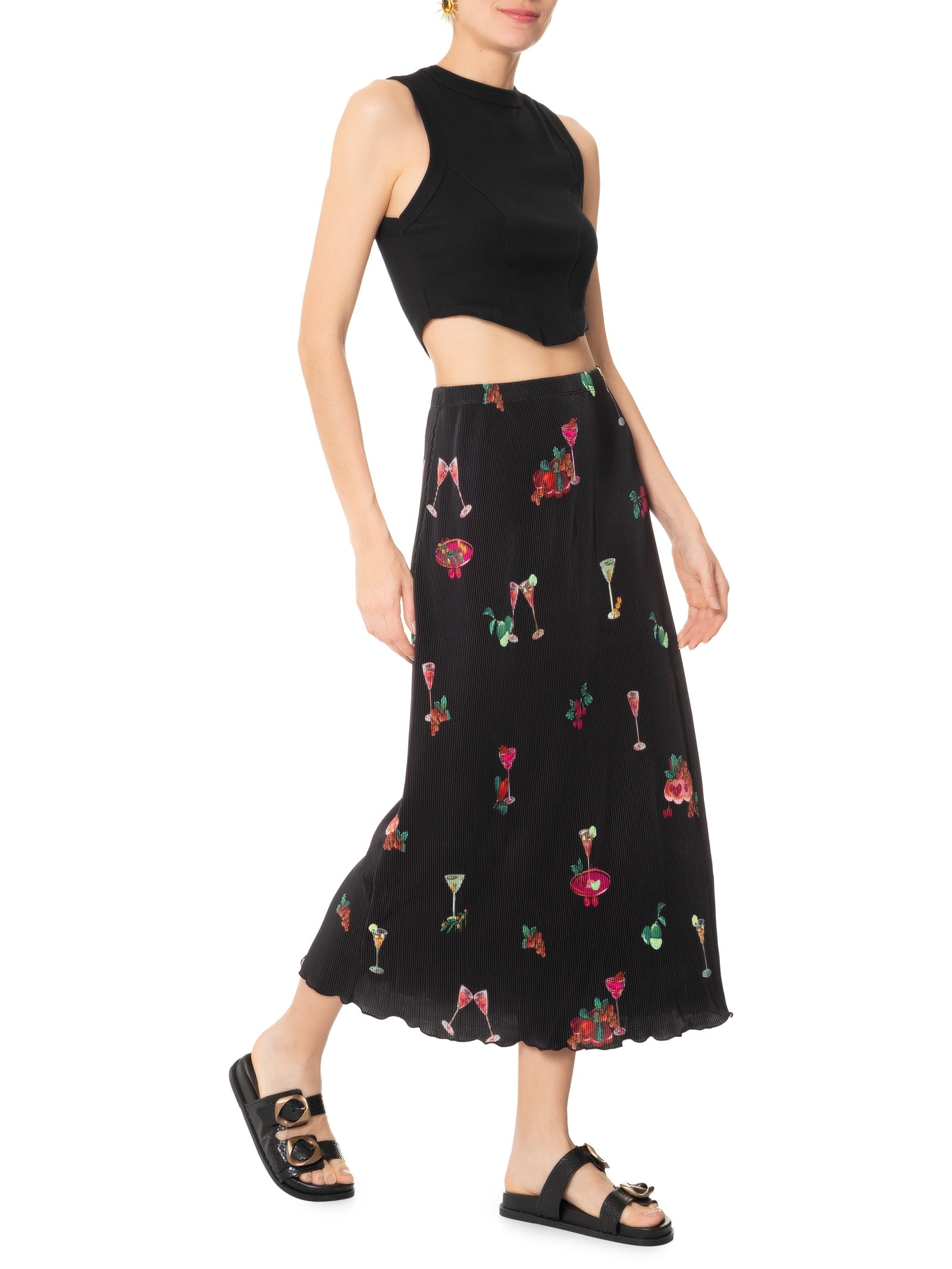 Saia Midi Plissada Coquetel Tropical Preto Farm
