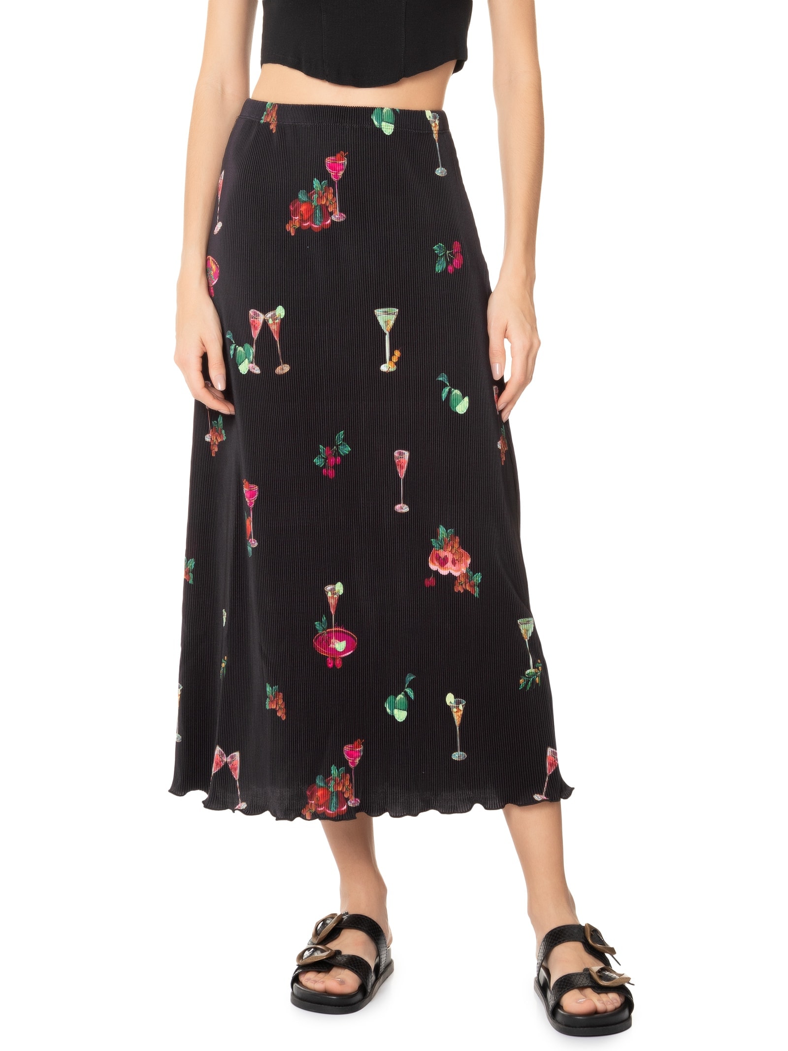 Saia Midi Plissada Coquetel Tropical Preto Farm