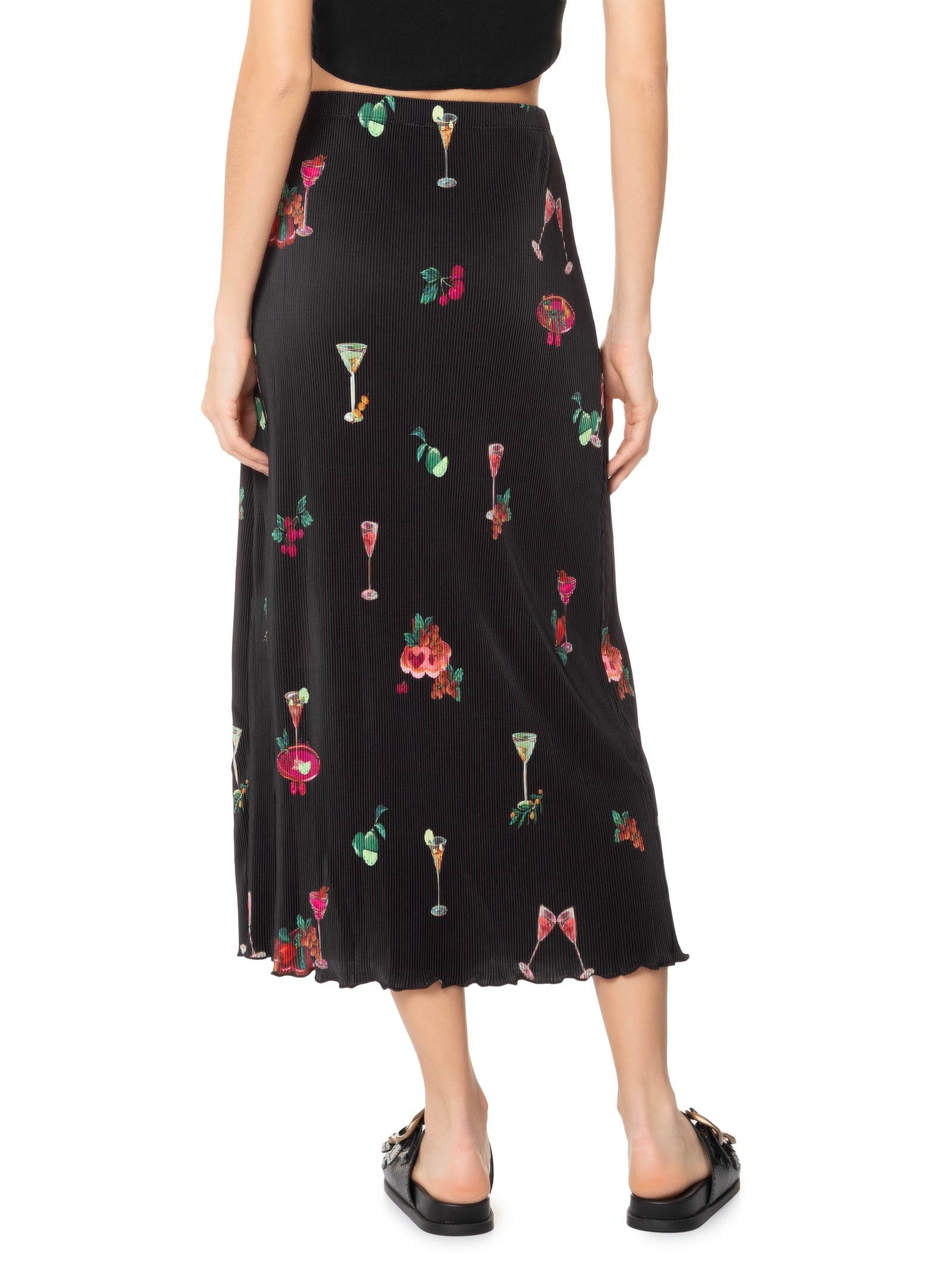 Saia Midi Plissada Coquetel Tropical Preto Farm