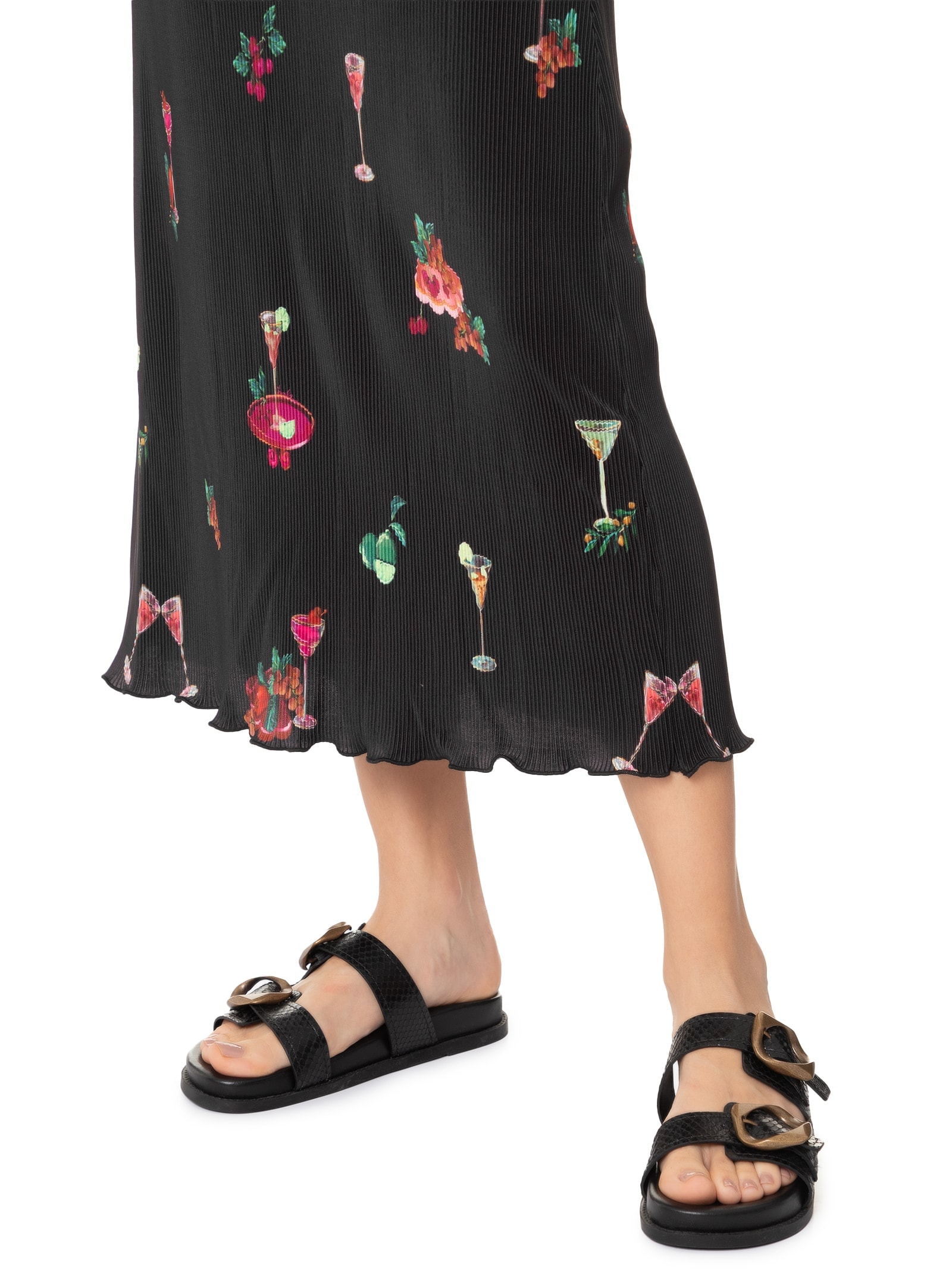 Saia Midi Plissada Coquetel Tropical Preto Farm