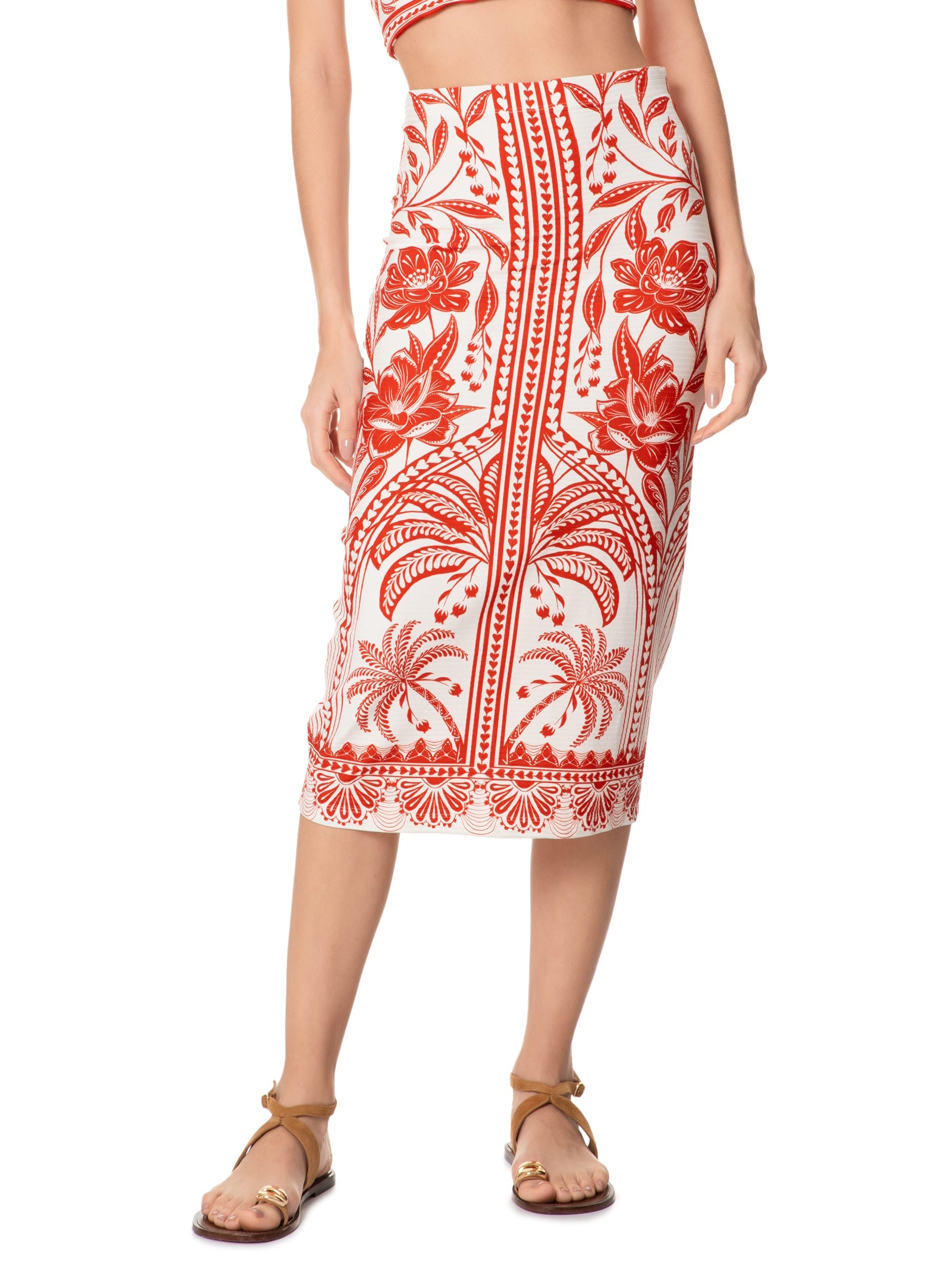 Saia Midi Reta Coqueiro de Flor Vermelho Farm