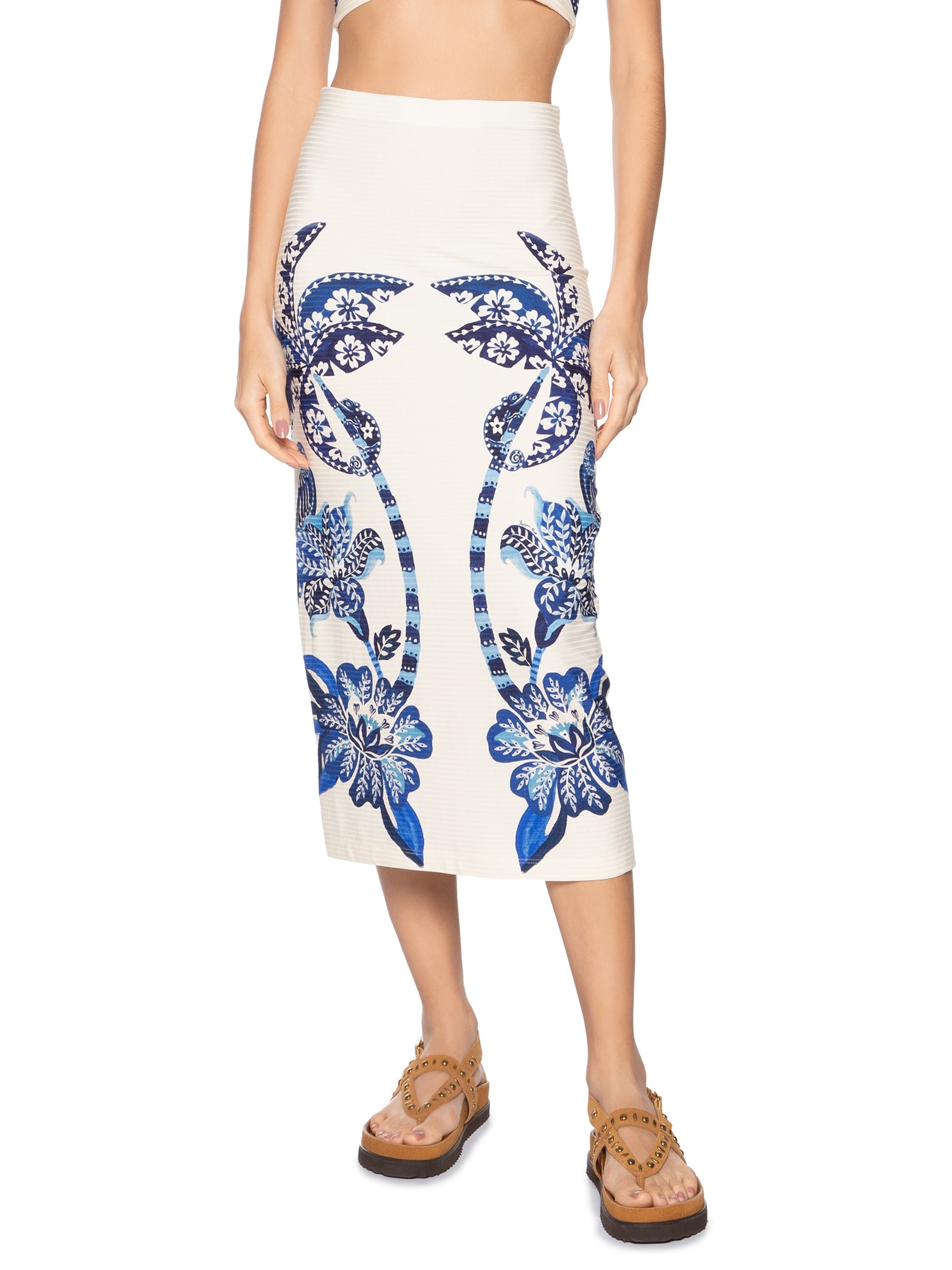 Saia Midi Reta Coqueiro Tropical Branco Farm