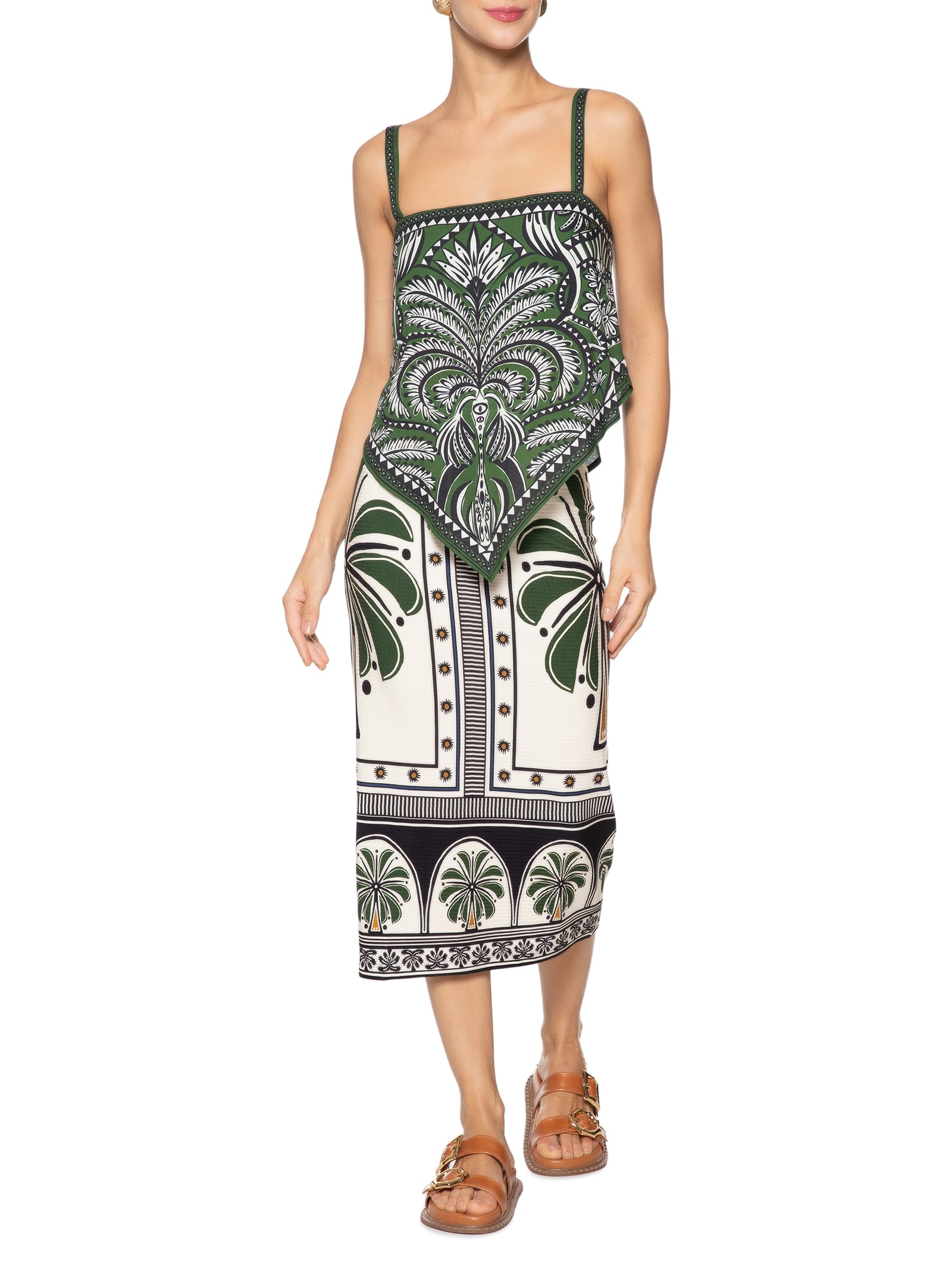 Saia Midi Reta Jardim Tropical Off White Farm