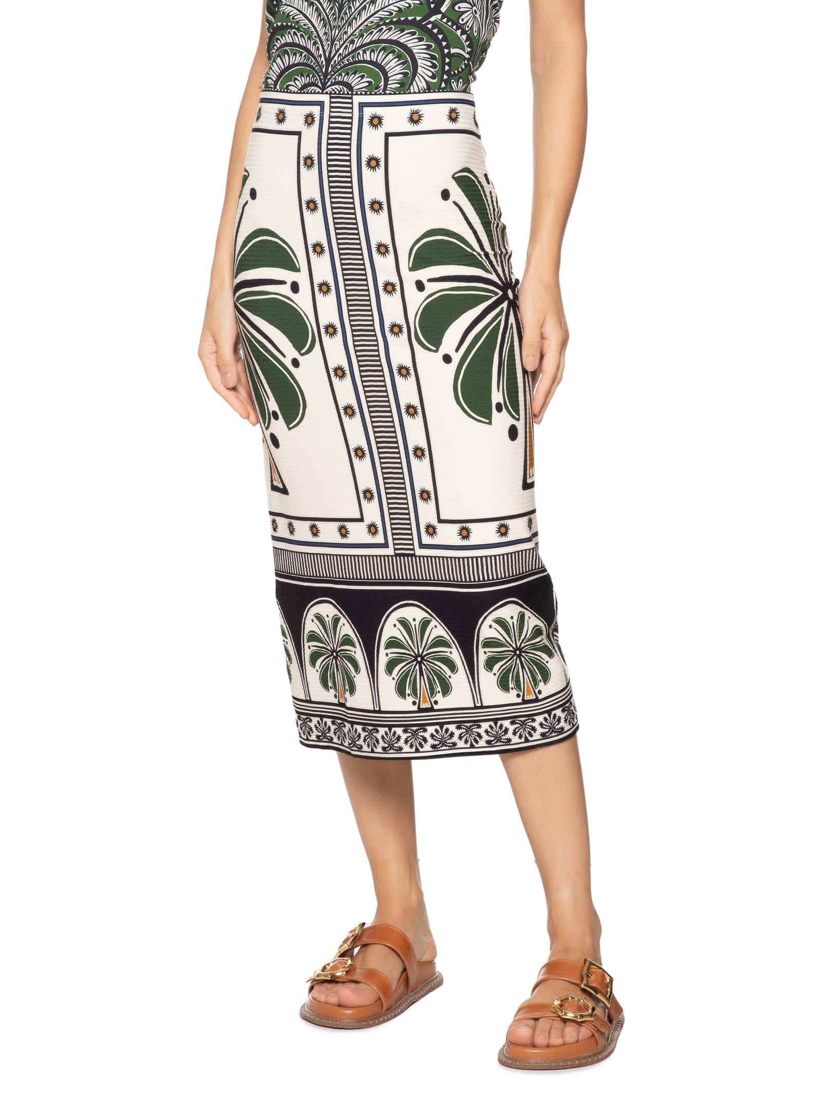 Saia Midi Reta Jardim Tropical Off White Farm