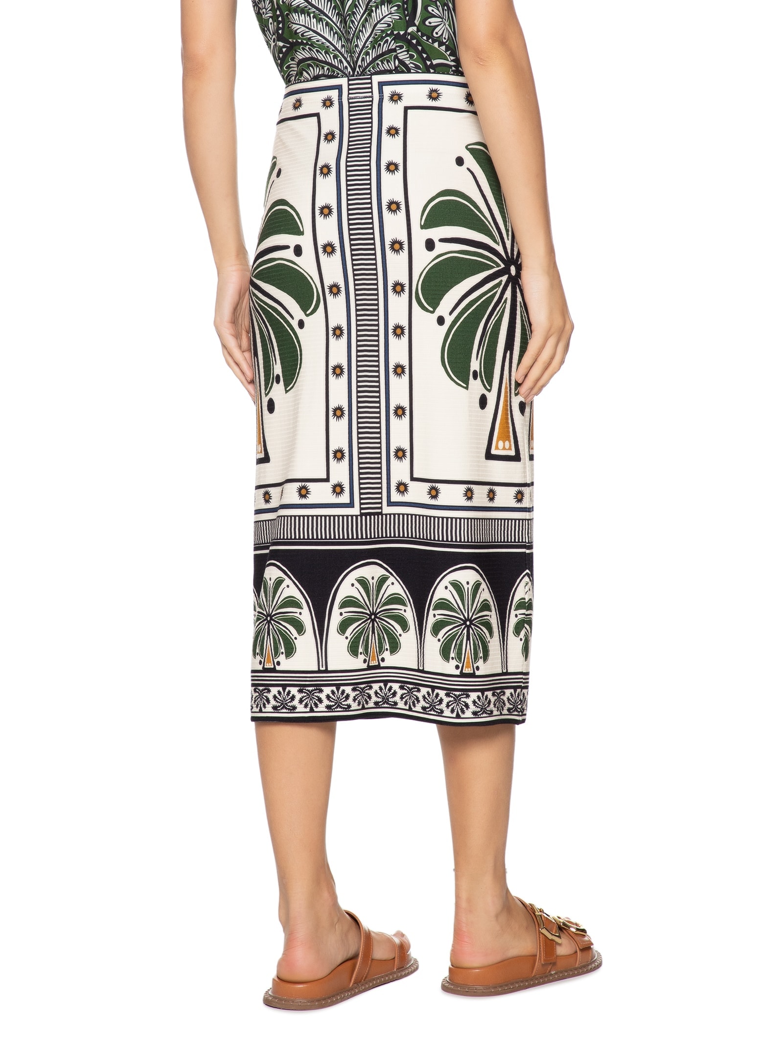 Saia Midi Reta Jardim Tropical Off White Farm