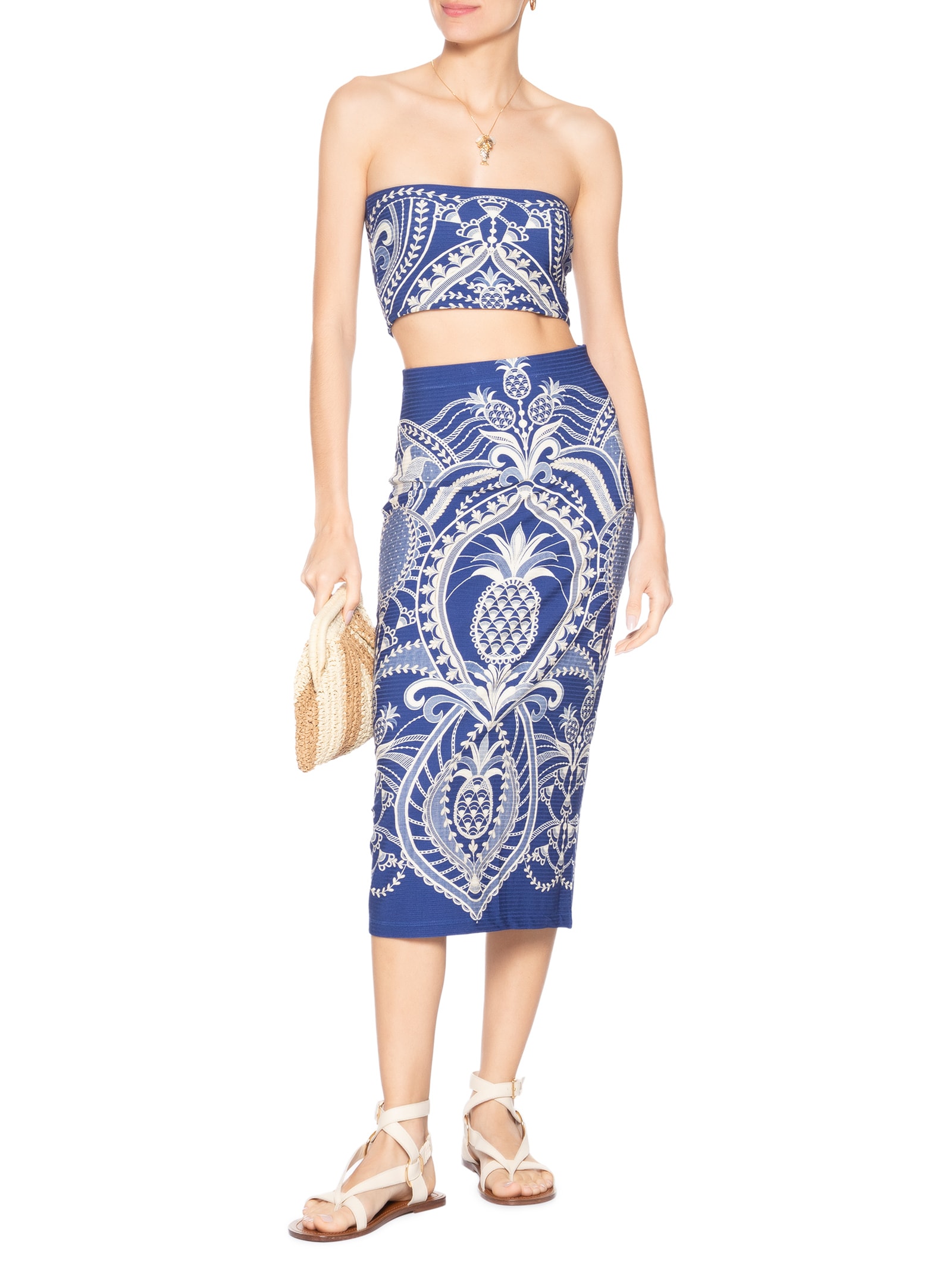 Saia Midi Reta Primor de Abacaxi Azul Farm