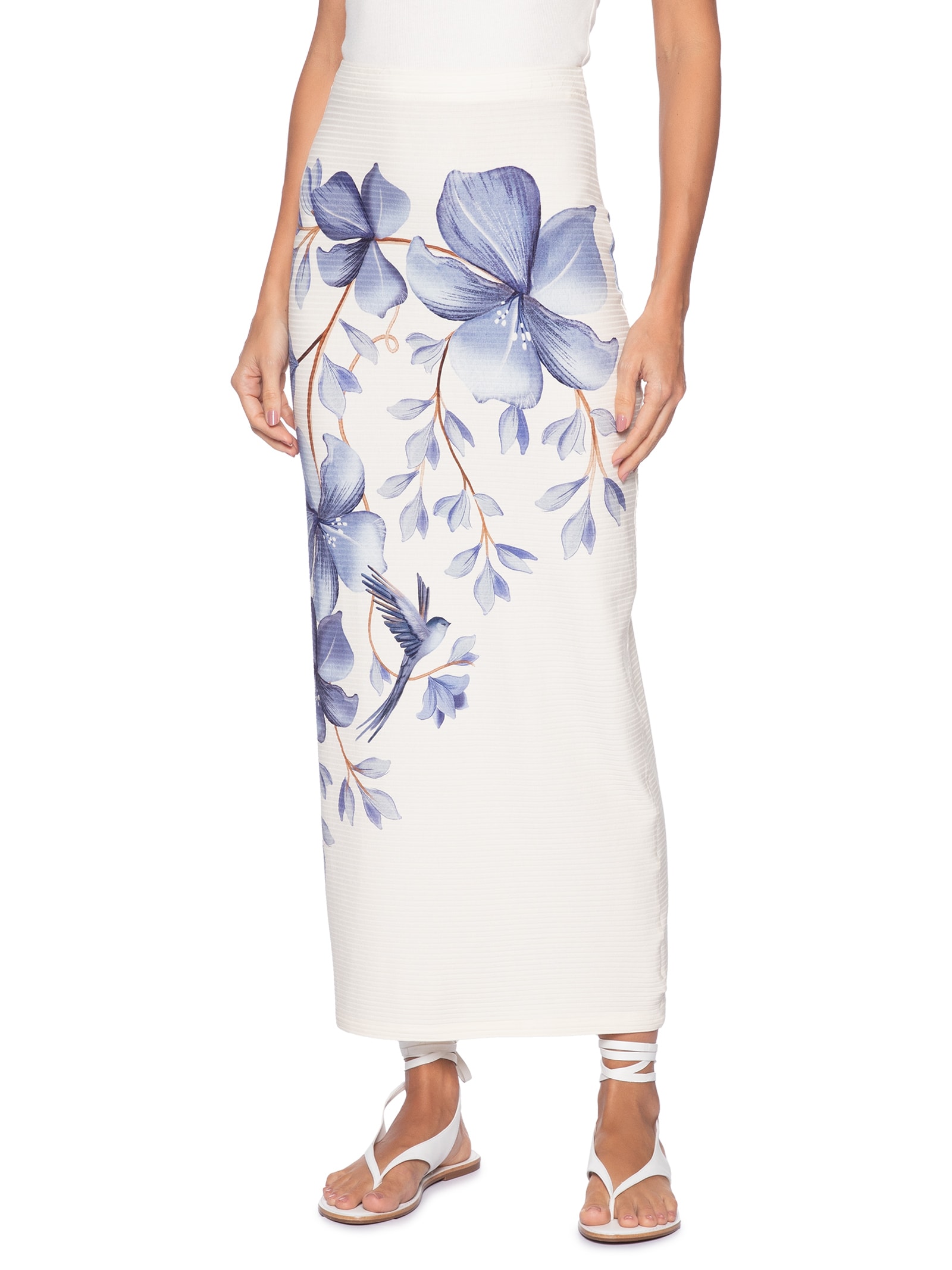 Saia Midi Reta Voo Em Flor E Branco Farm