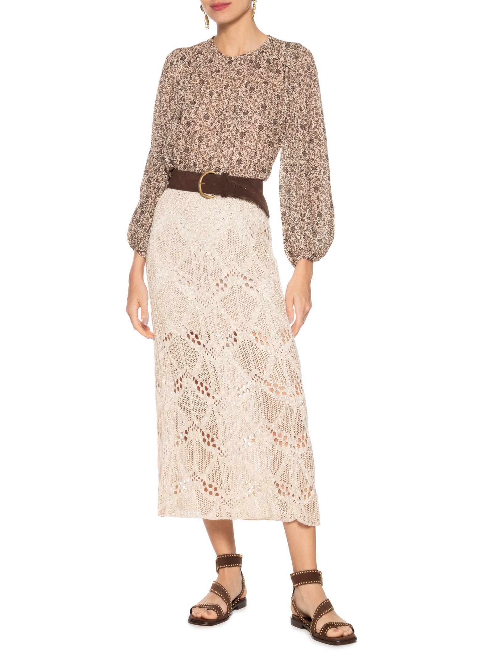 Saia Midi Tricot Ponto Rendado Off White Maria Filó