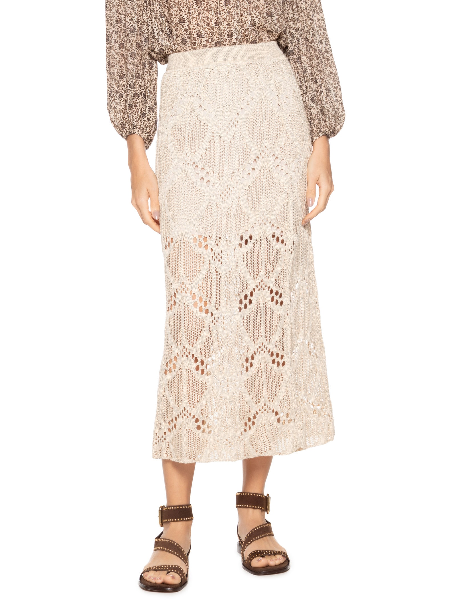 Saia Midi Tricot Ponto Rendado Off White Maria Filó