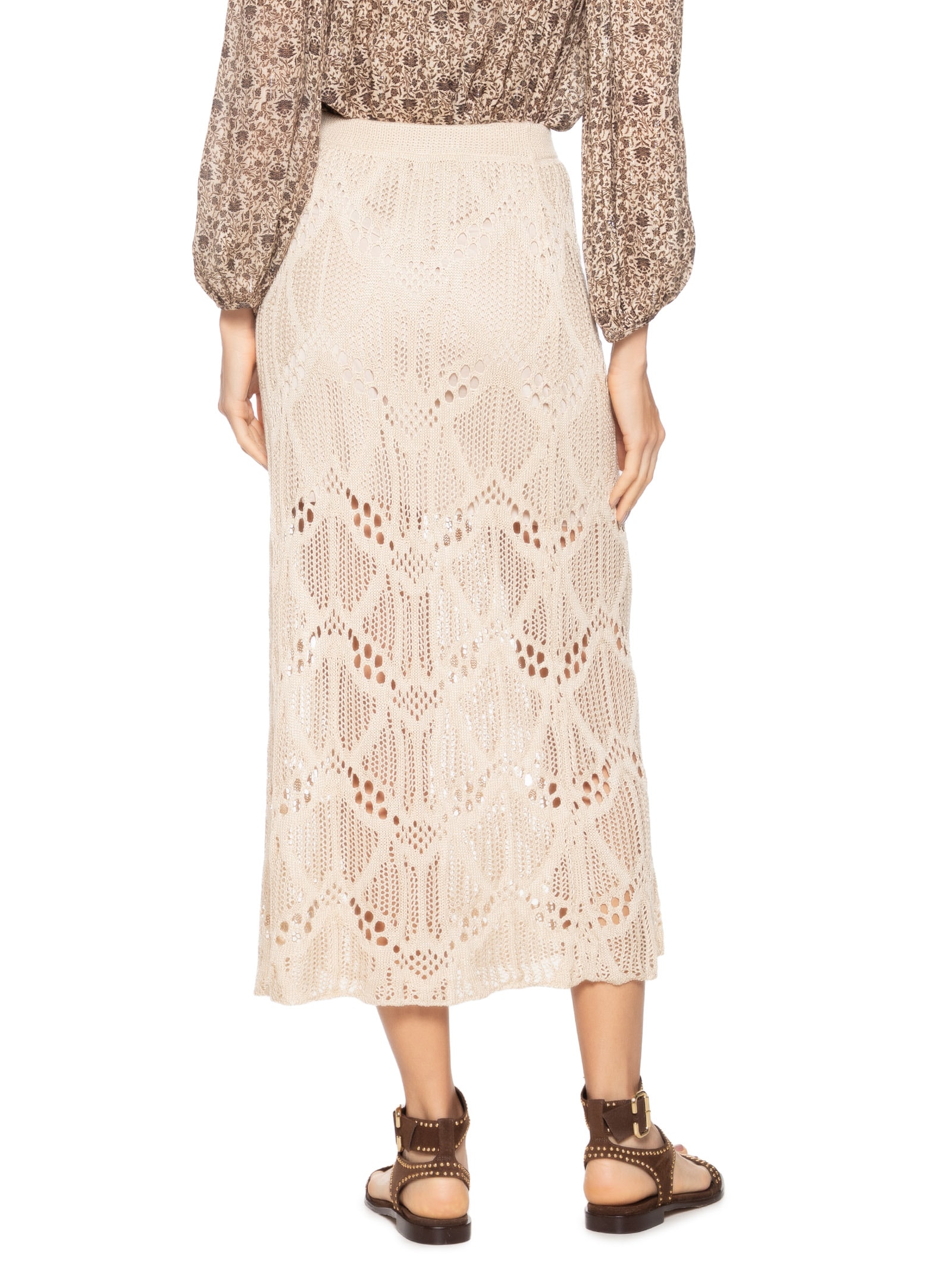 Saia Midi Tricot Ponto Rendado Off White Maria Filó