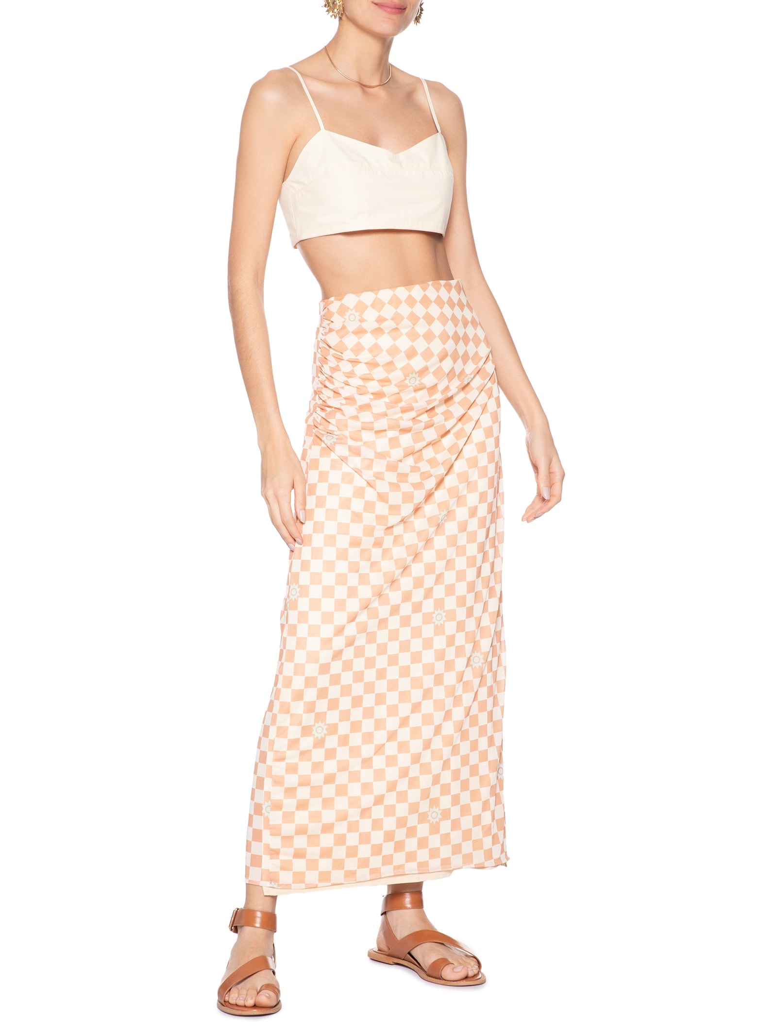 Saia Midi Tule Estampa Mosaico Bege Dress To