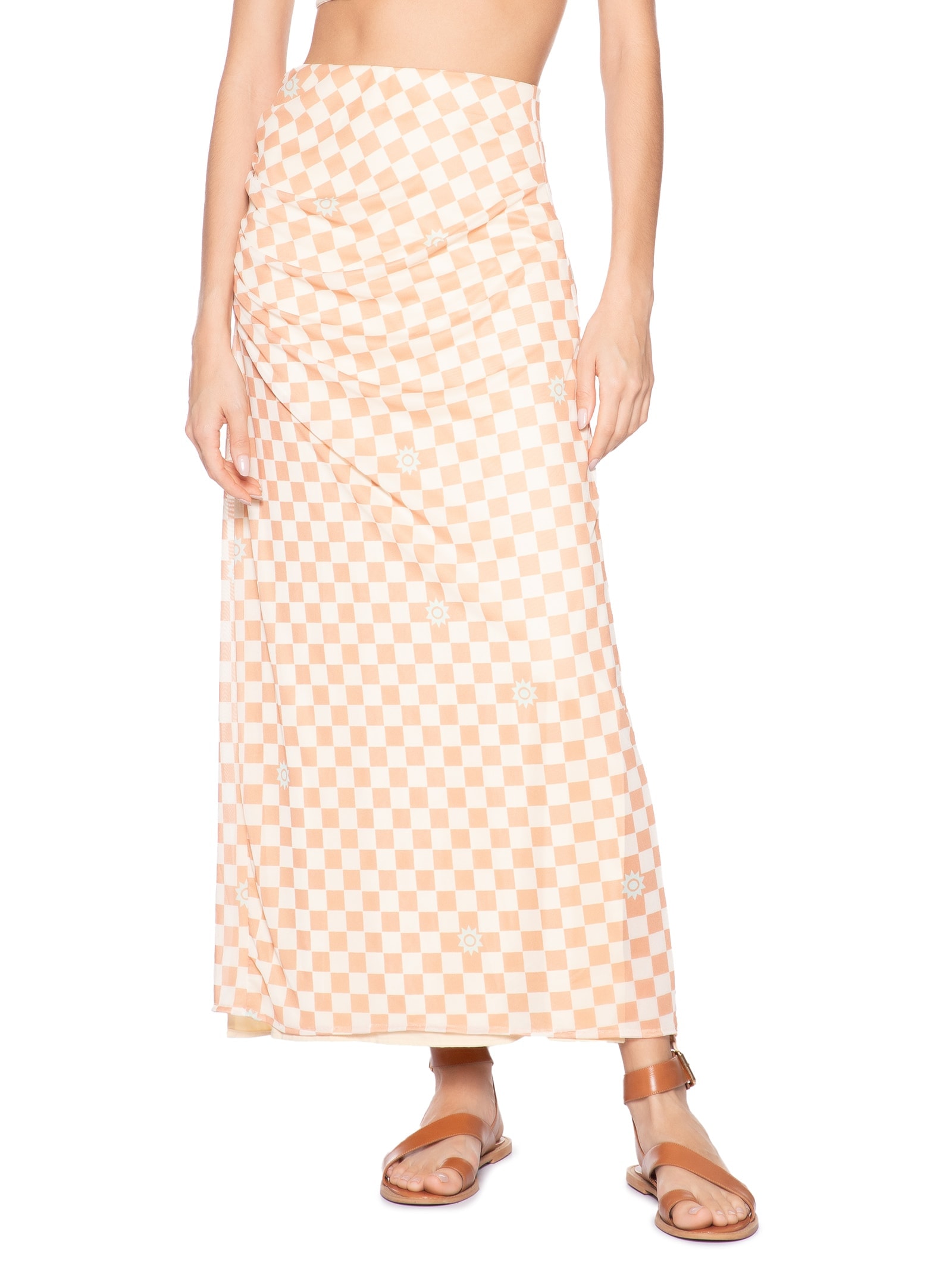 Saia Midi Tule Estampa Mosaico Bege Dress To