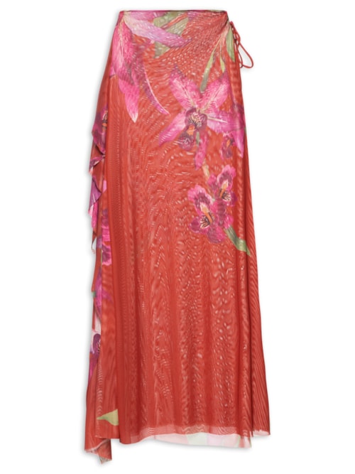 Saia Midi Tule Floral Orquídea – Vermelho