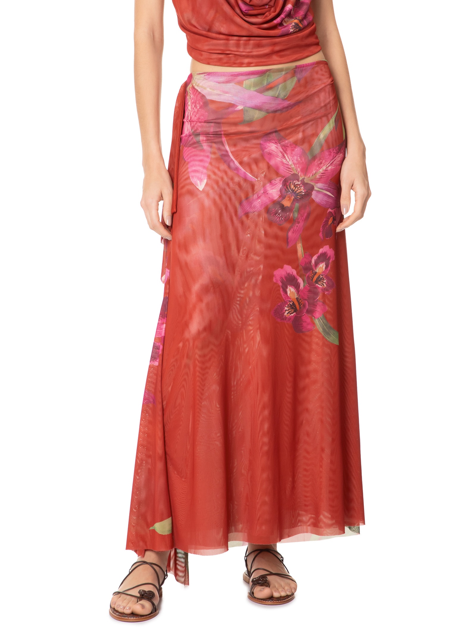 Saia Midi Tule Floral Orquídea Vermelho Farm
