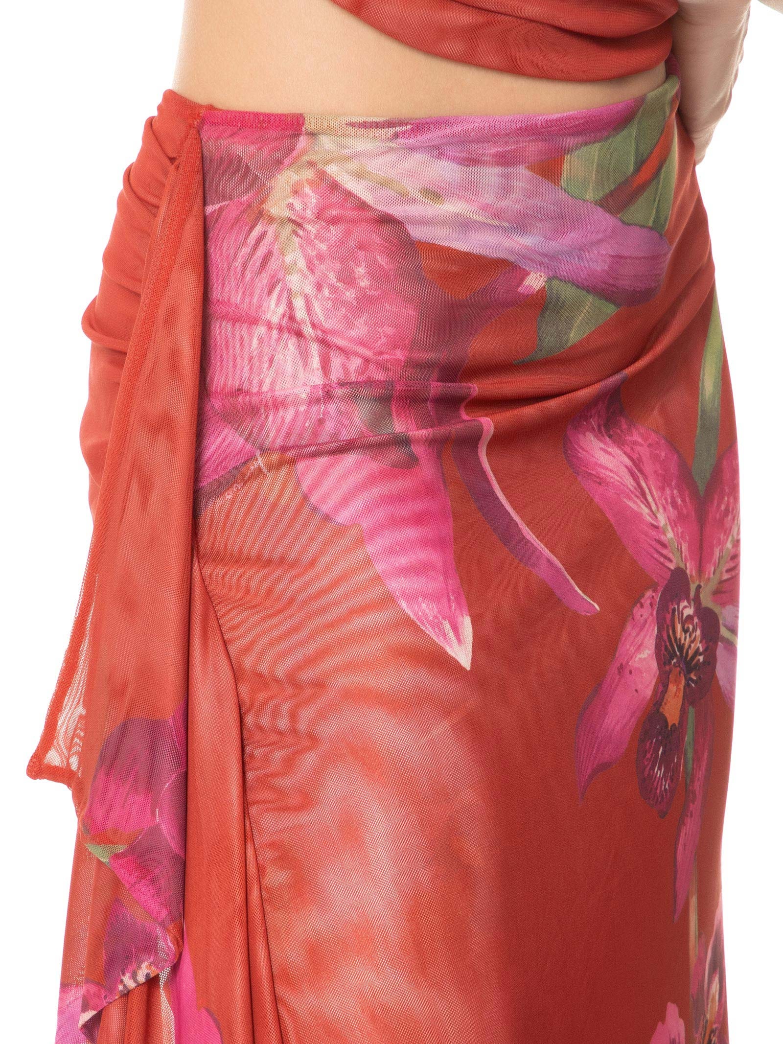 Saia Midi Tule Floral Orquídea Vermelho Farm