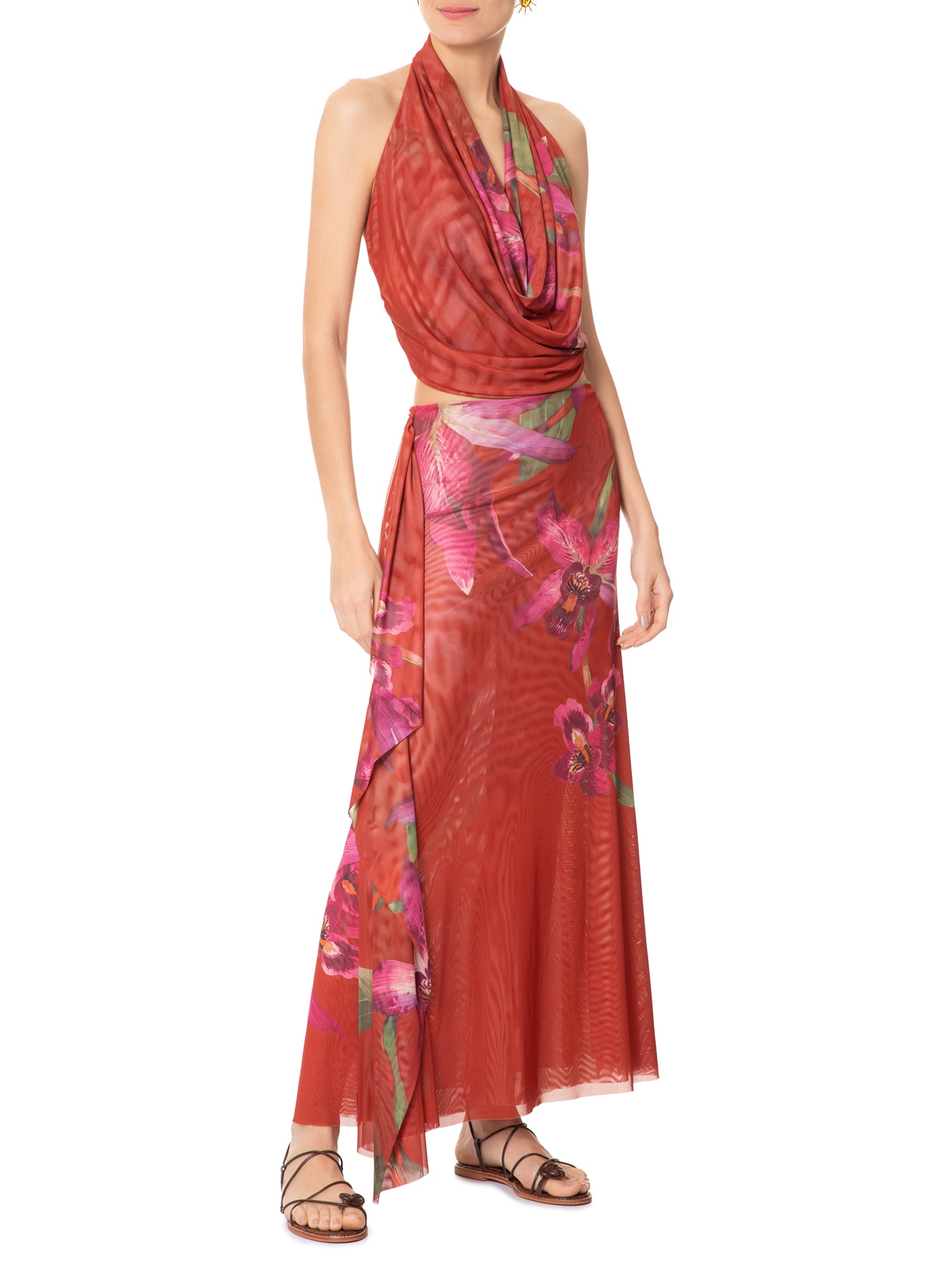 Saia Midi Tule Floral Orquídea Vermelho Farm