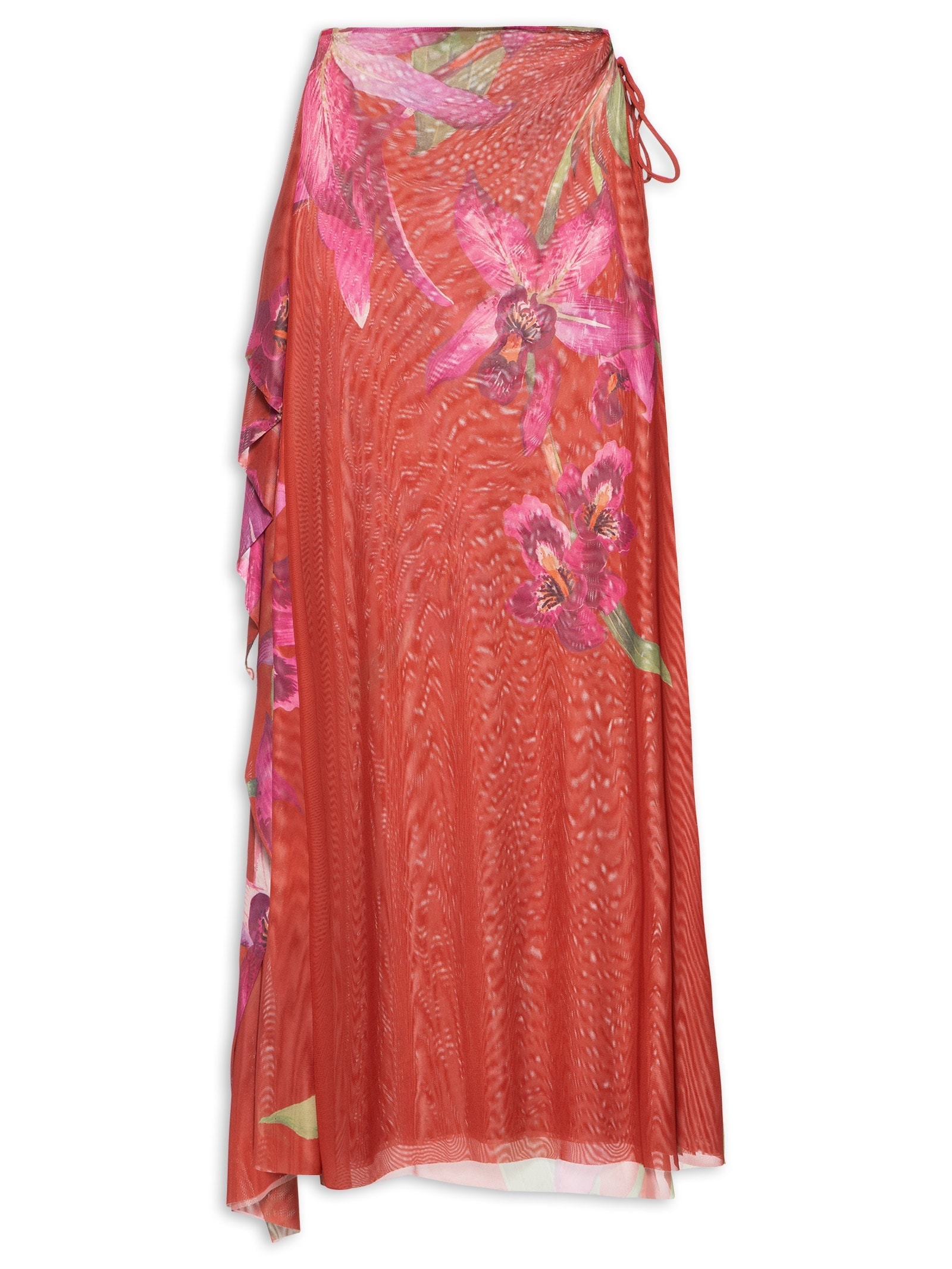Saia Midi Tule Floral Orquídea Vermelho Farm