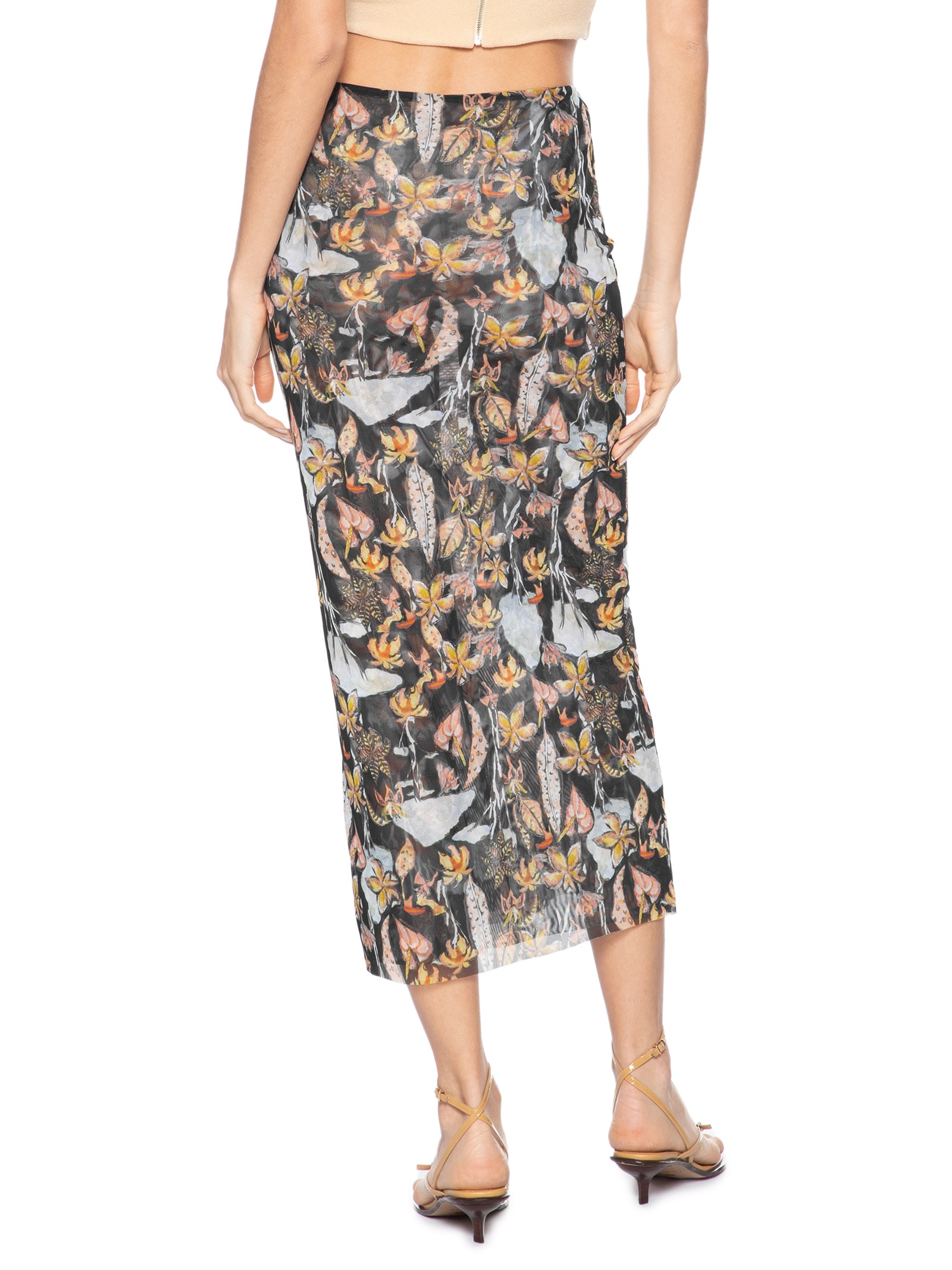 Saia Midi Tule Folhagem Mata D'Onça Preto Animale