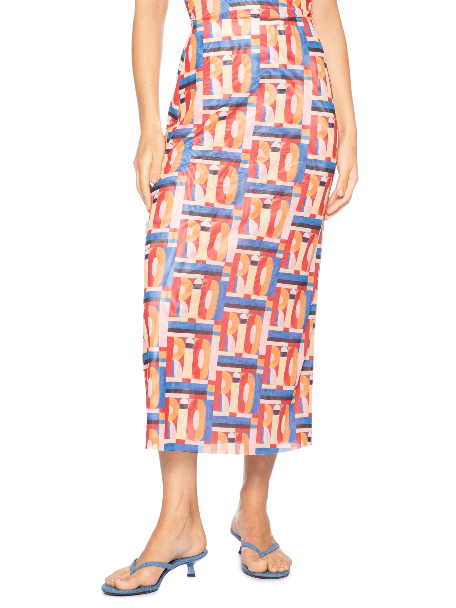 Saia Midi Tule Rio Gráfico Rosa Farm