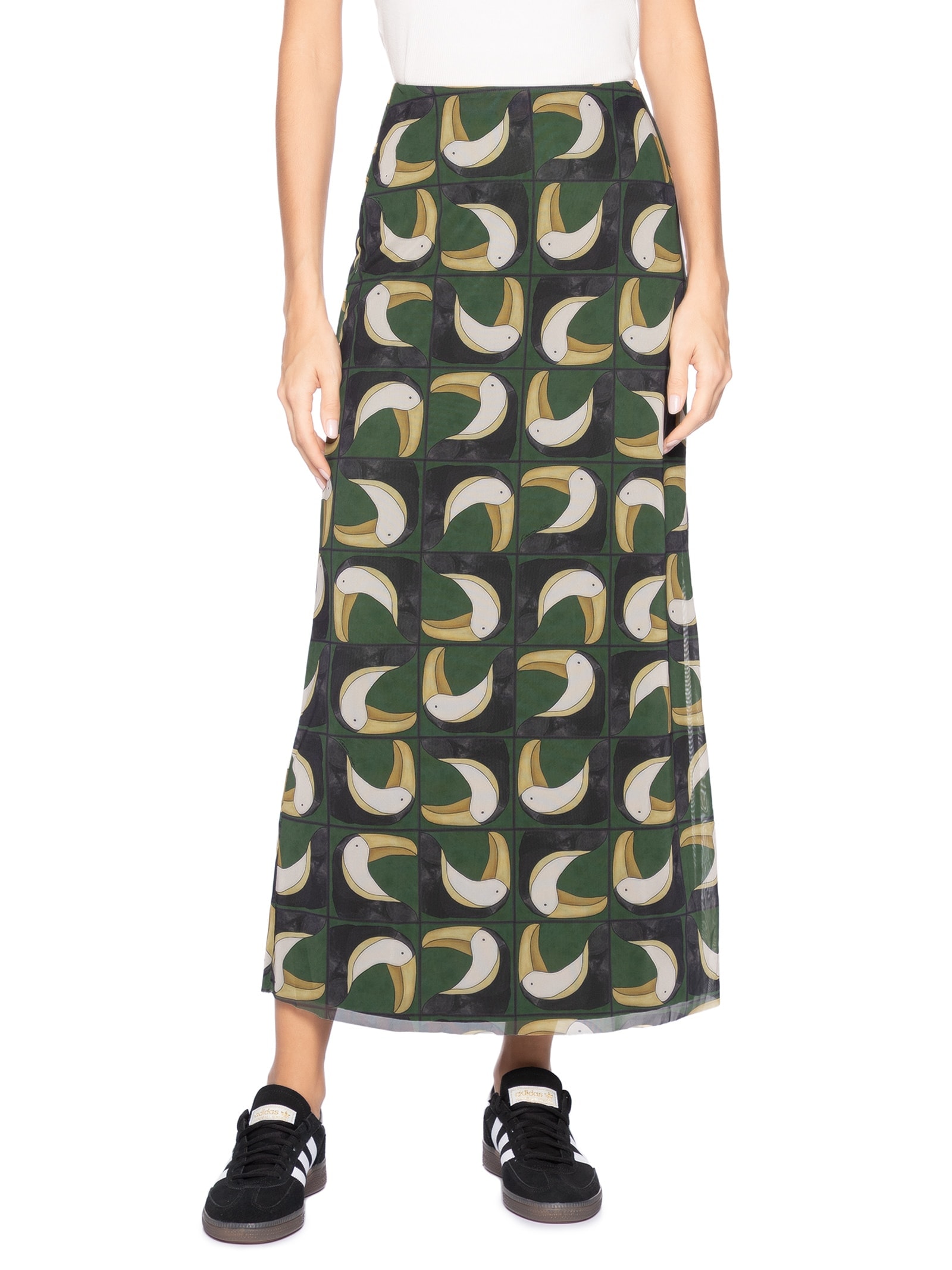 Saia Midi Tule Tuca Tropical Mini Verde Farm