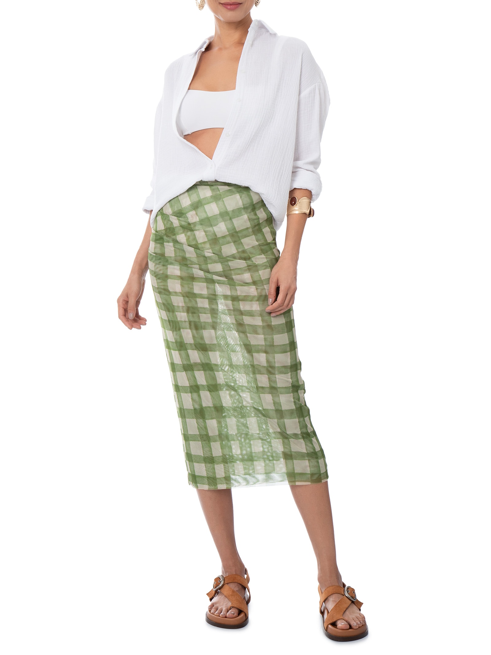 Saia Midi Tule Vichy Verde Animale