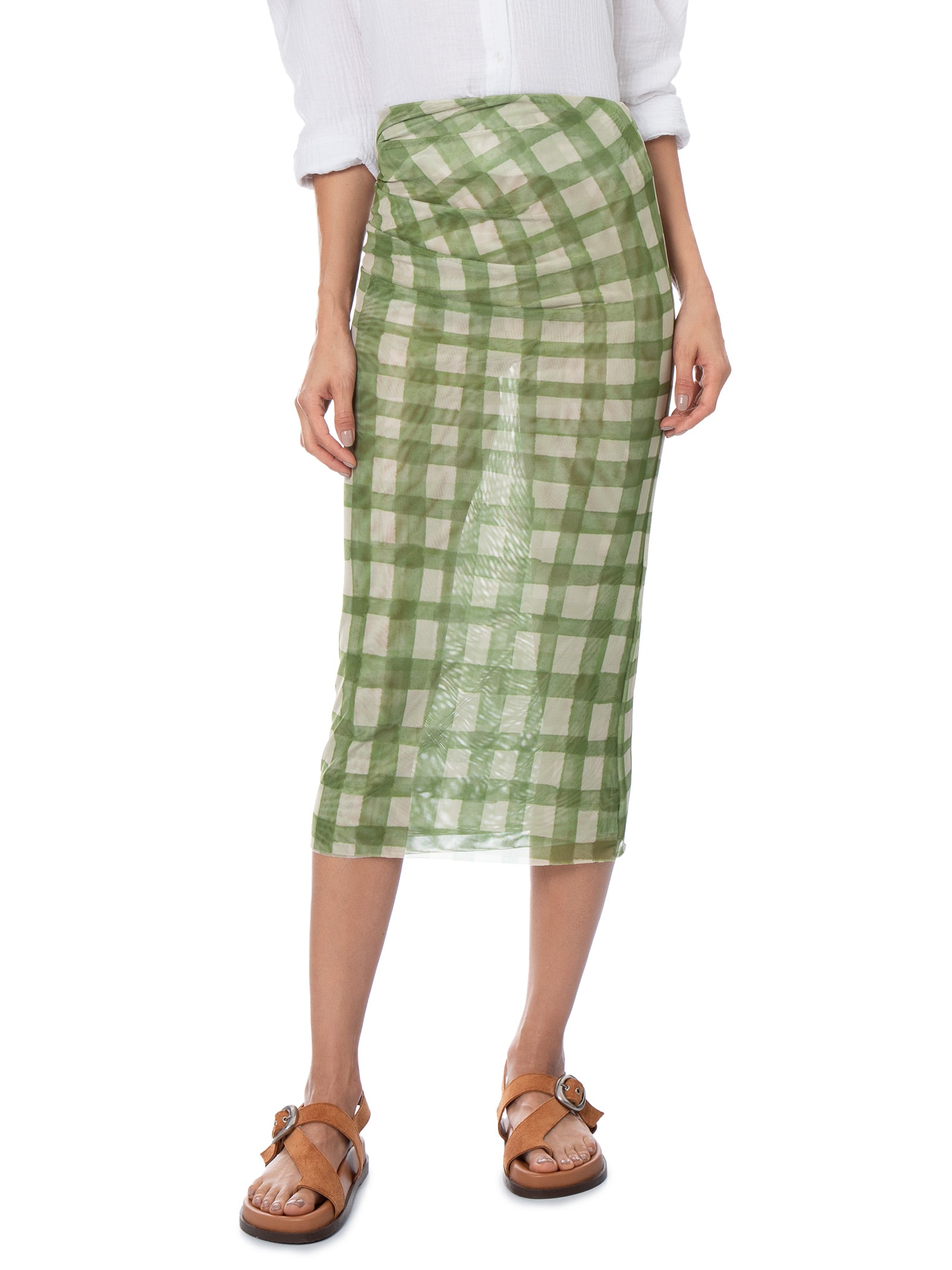 Saia Midi Tule Vichy Verde Animale