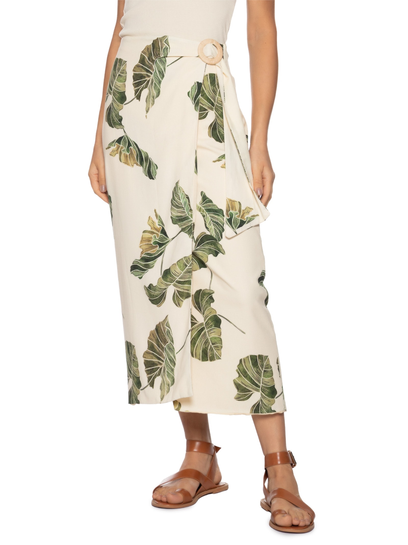 Saia Pareô Linho Estampa Folhar Amarelo Dress To