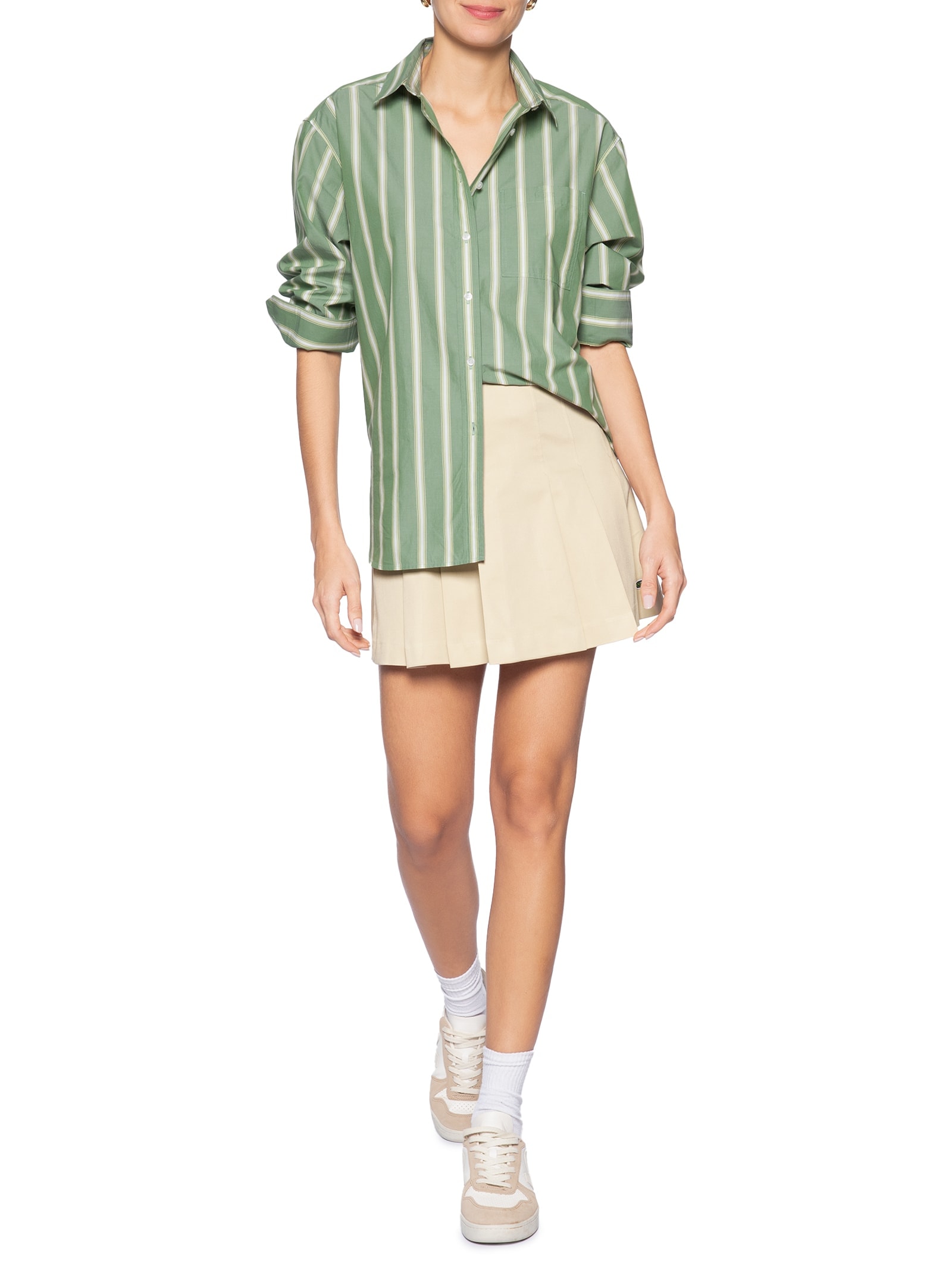 Saia Plissada De Algodão Stretch Curta Bege Lacoste