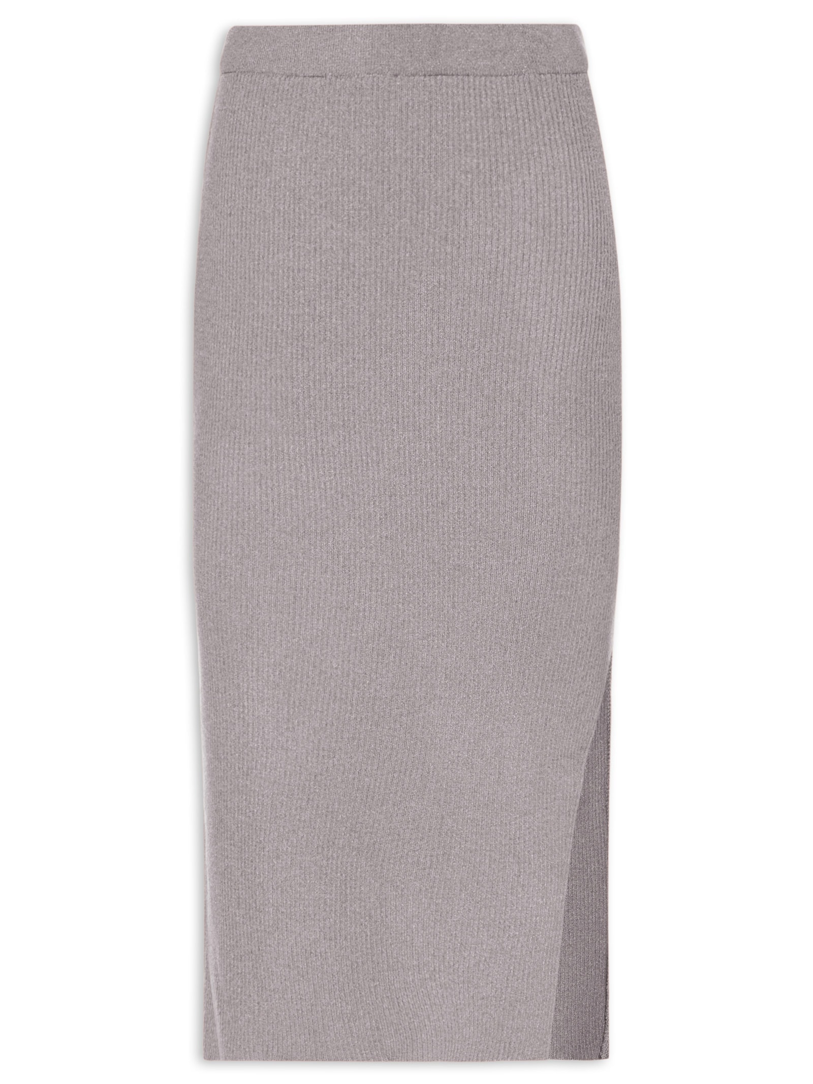 Saia Tricot Midi Com Fenda Cinza Basiq