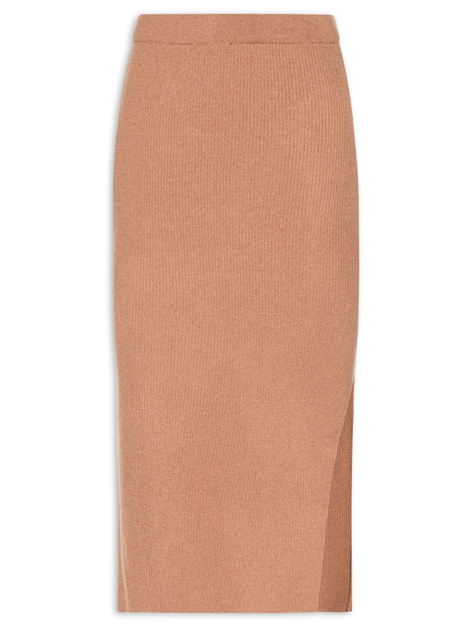 Saia Tricot Midi Com Fenda Marrom Basiq