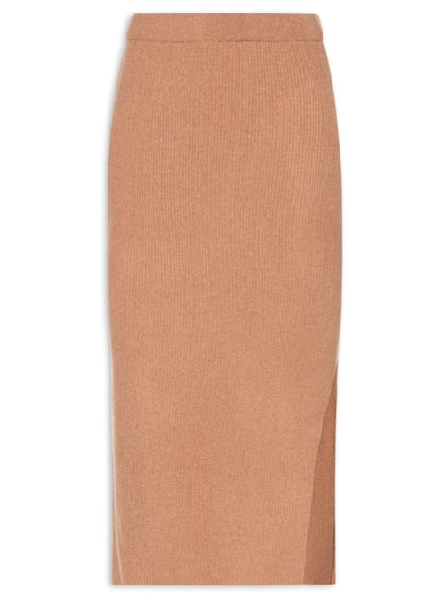 Saia Tricot Midi Com Fenda – Marrom