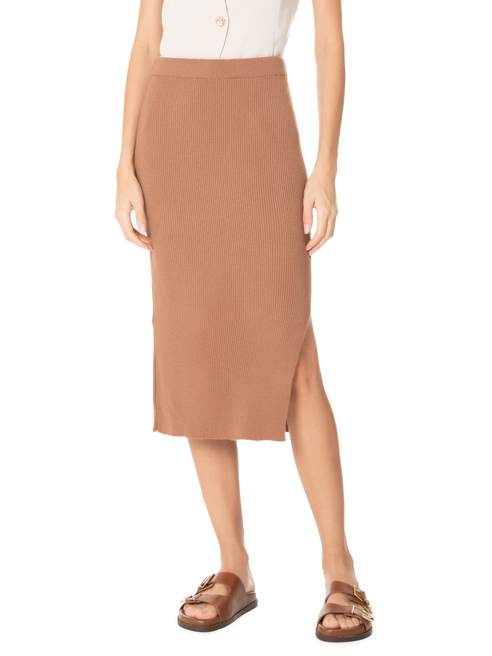 Saia Tricot Midi Com Fenda Marrom Basiq