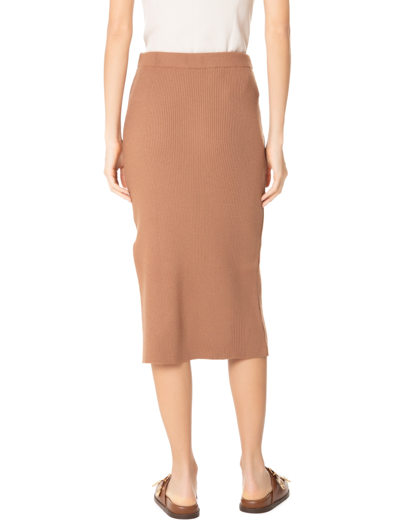 Saia Tricot Midi Com Fenda Marrom Basiq