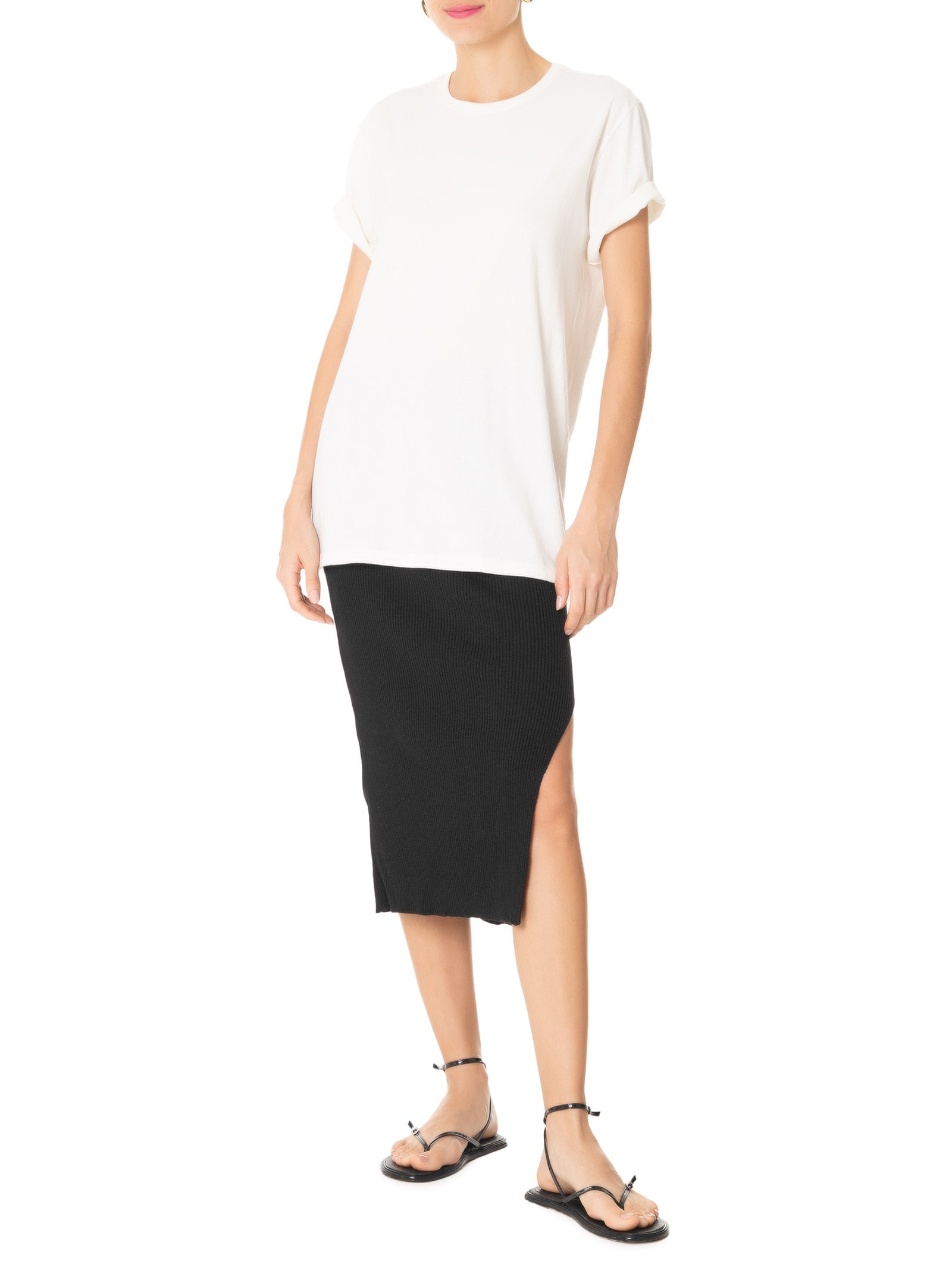 Saia Tricot Midi Com Fenda Preto Basiq