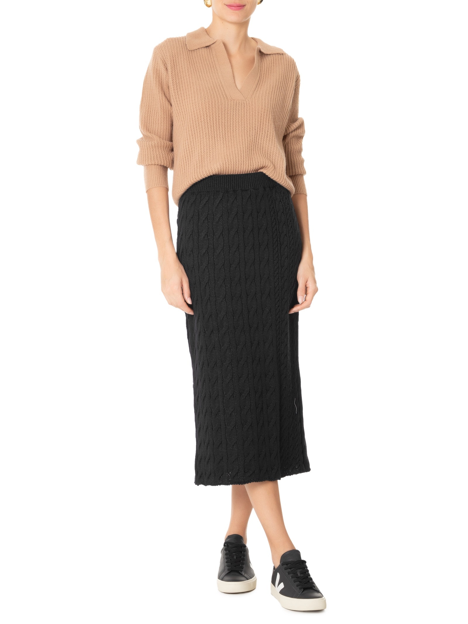 Saia Tricot Midi Texturizada Preto Basiq