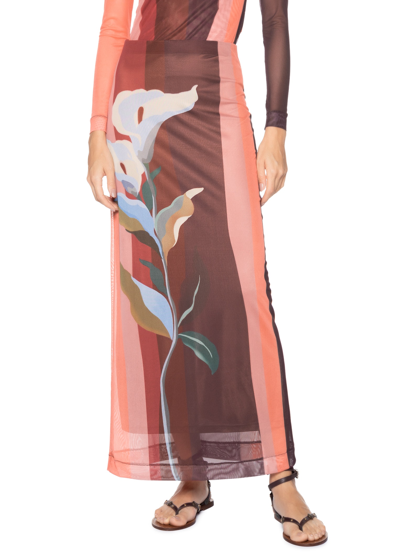 Saia Tule Estampa Brisa Floral Marrom Dress To