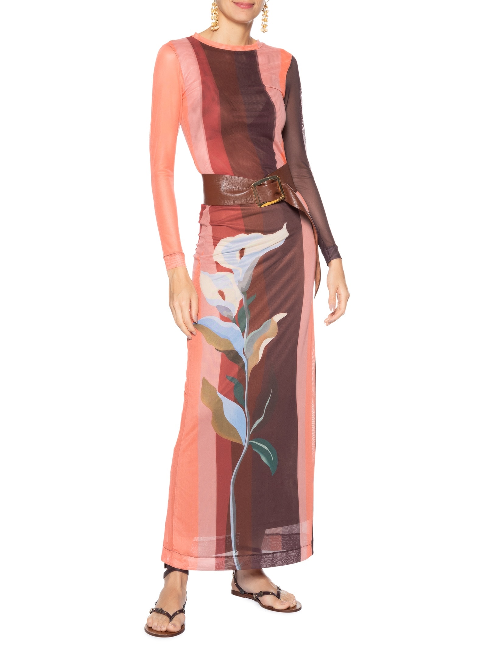 Saia Tule Estampa Brisa Floral Marrom Dress To