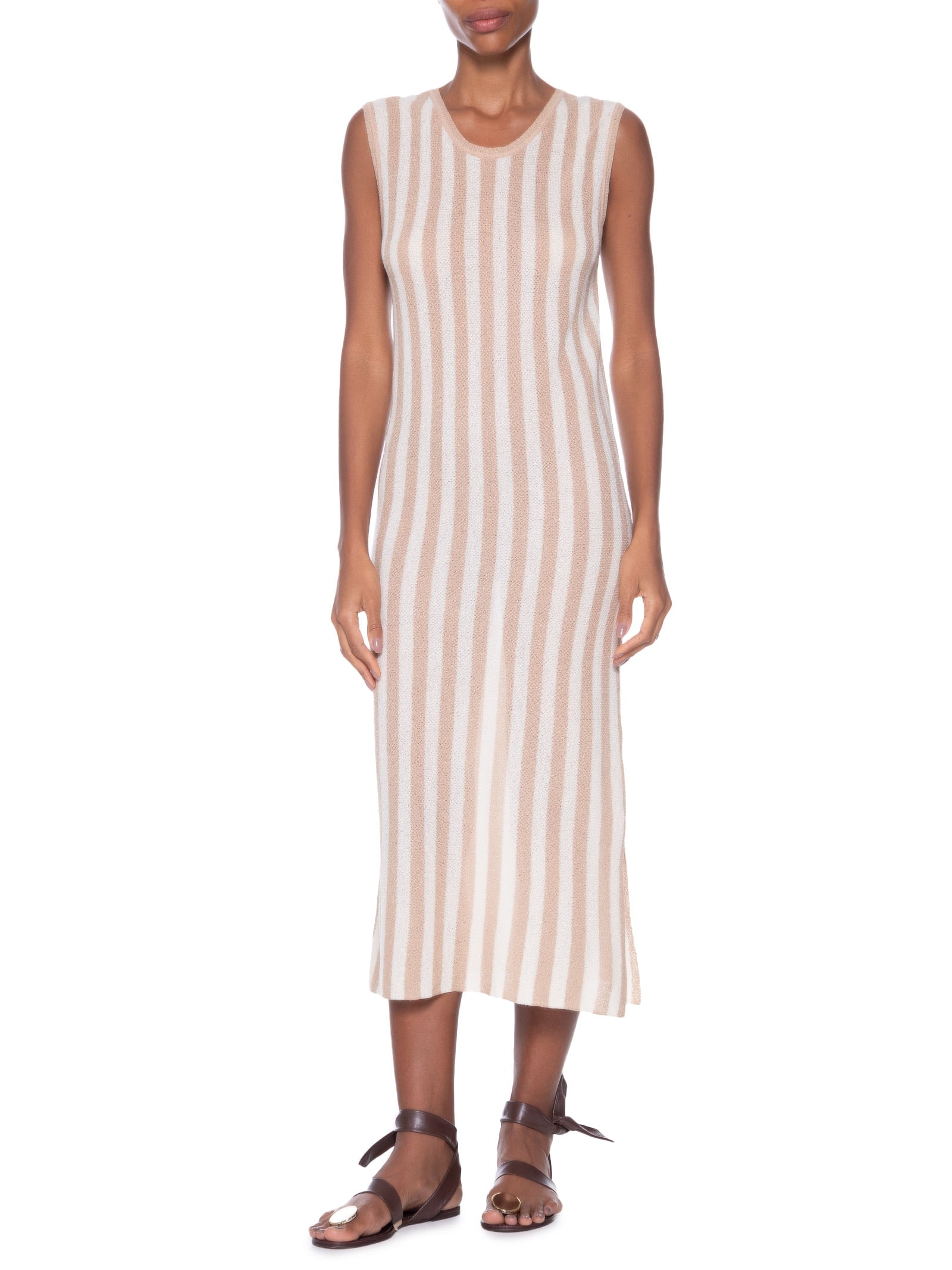 Saída de Praia Midi Listrado Em Tricot Bege   '2Essential