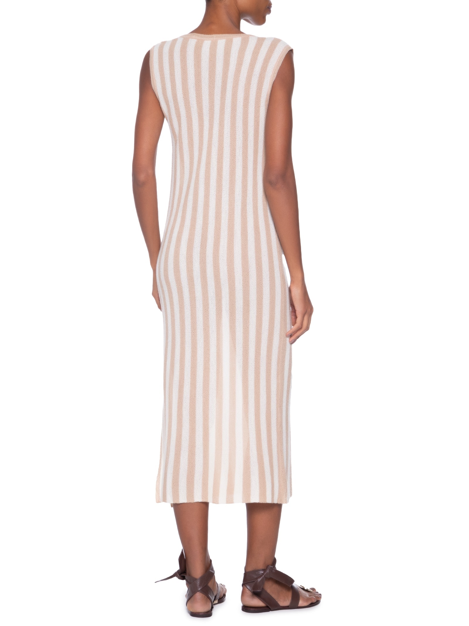 Saída de Praia Midi Listrado Em Tricot Bege   '2Essential