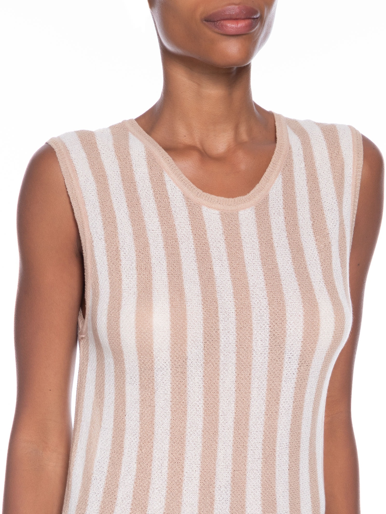 Saída de Praia Midi Listrado Em Tricot Bege   '2Essential