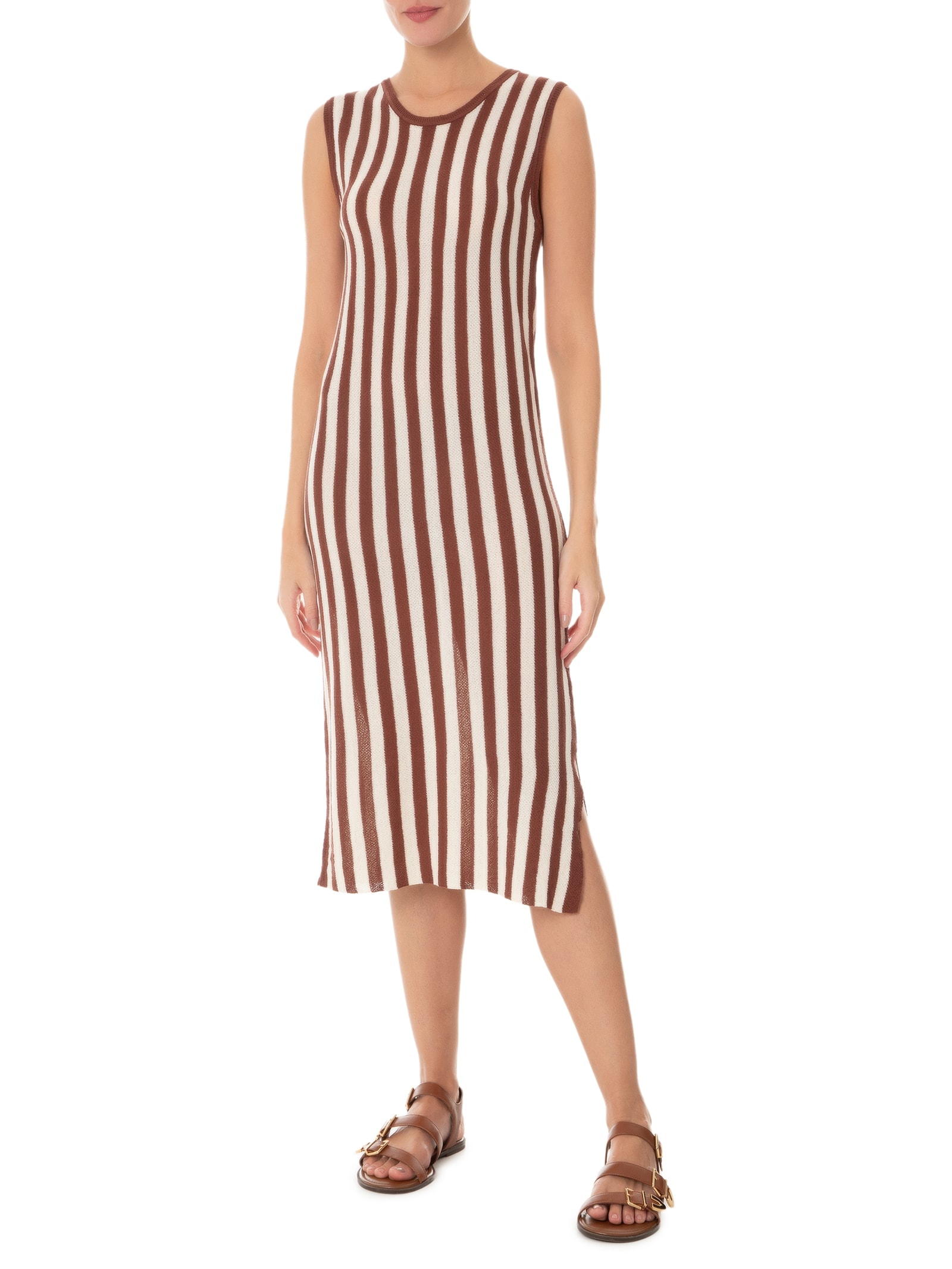 Saída de Praia Midi Listrado Em Tricot Marrom '2Essential