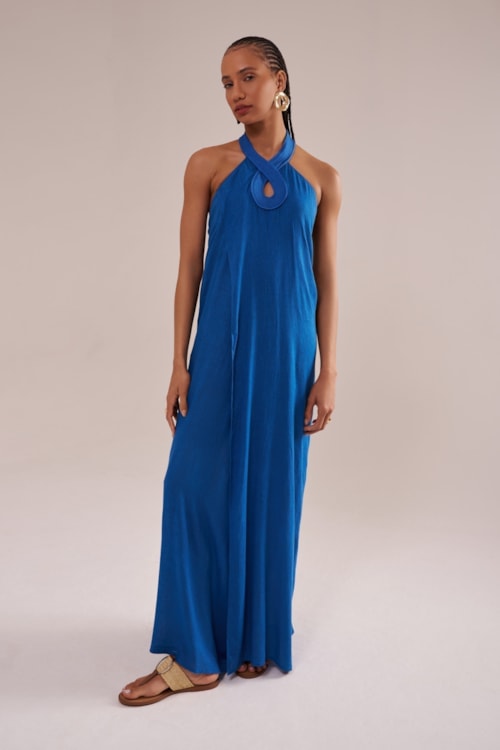 saída longa com matelassê em viscose com linho orla azul